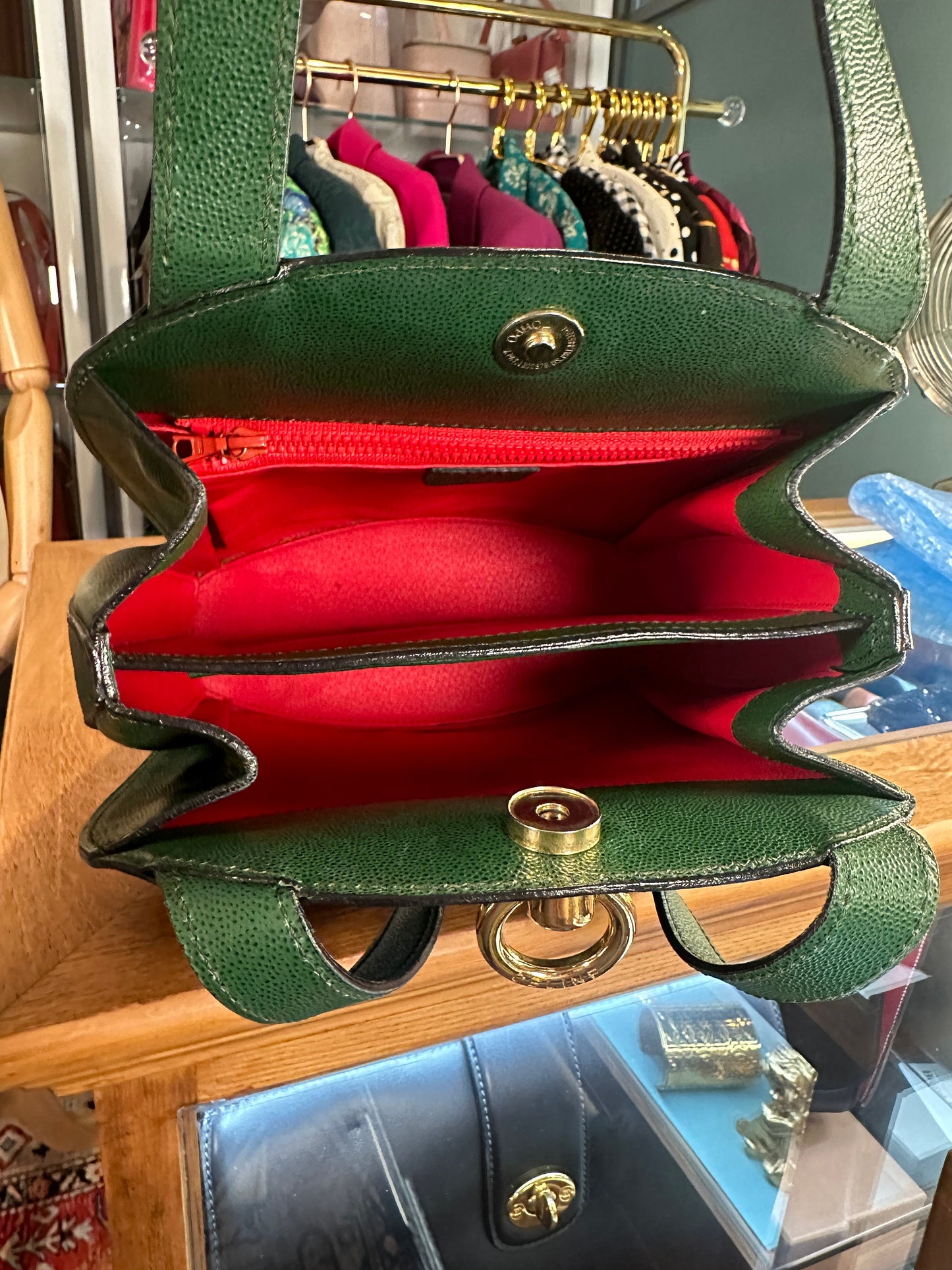 CELINE VINTAGE 100% Authentic Genuine, Leather Double Strap Shoulder Bag, Green, late 90's, Great Condition