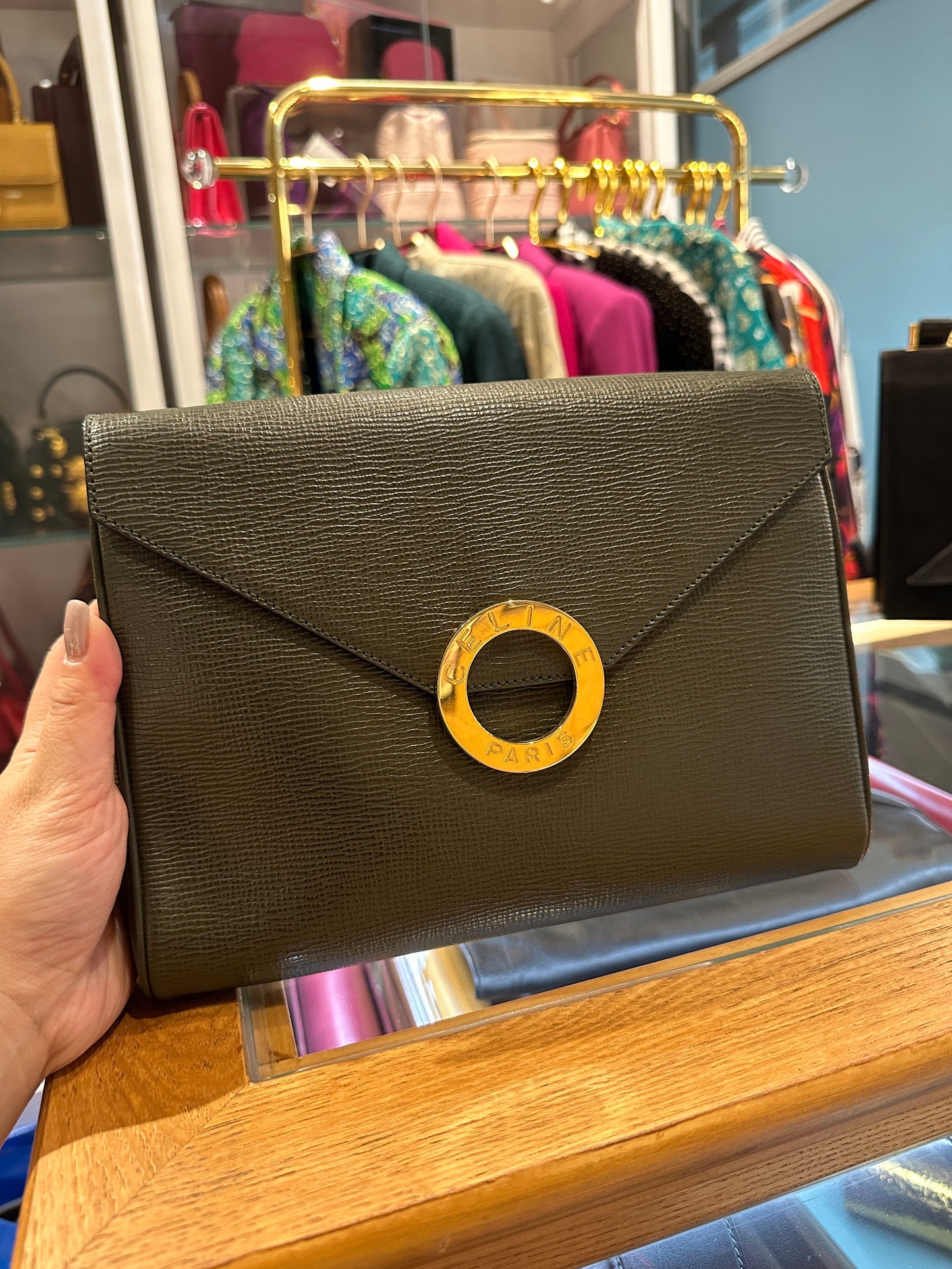 CELINE VINTAGE 100% Authentic Genuine, Leather Clutch Two Way Cross Body Bag, Deep Sage Green, 1990's, Great Condition, Grade AB