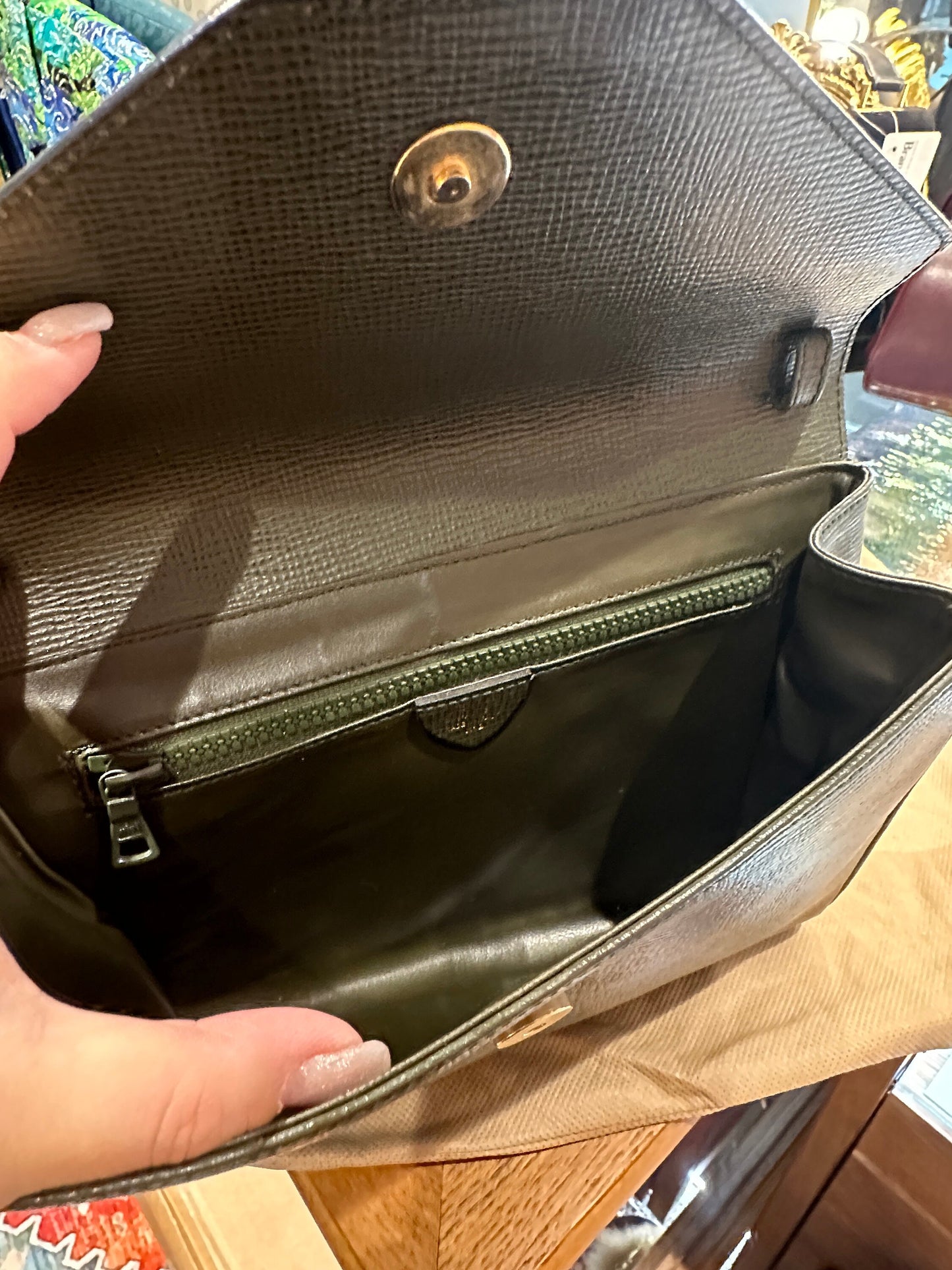 CELINE VINTAGE 100% Authentic Genuine, Leather Clutch Two Way Cross Body Bag, Deep Sage Green, 1990's, Great Condition, Grade AB