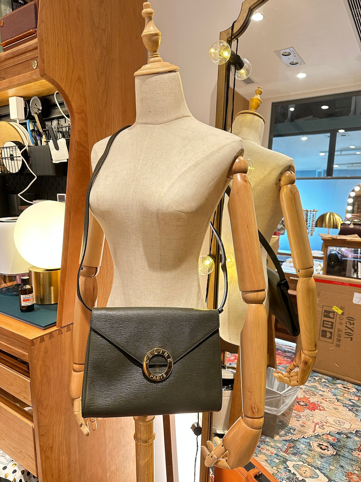 CELINE VINTAGE 100% Authentic Genuine, Leather Clutch Two Way Cross Body Bag, Deep Sage Green, 1990's, Great Condition, Grade AB