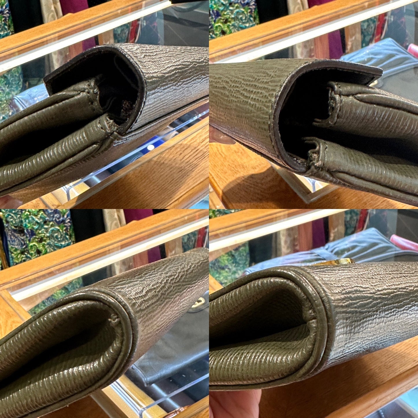 CELINE VINTAGE 100% Authentic Genuine, Leather Clutch Two Way Cross Body Bag, Deep Sage Green, 1990's, Great Condition, Grade AB