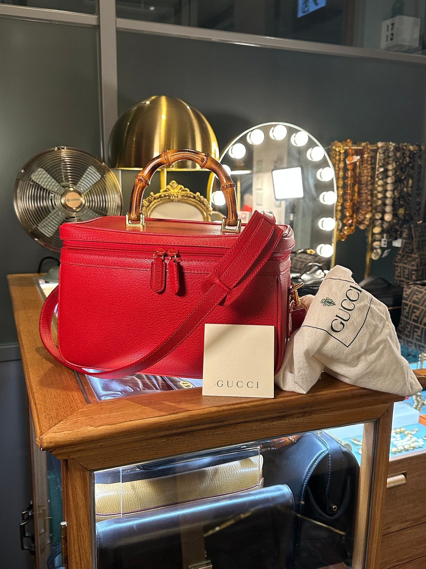 GUCCI VINTAGE 100% Authentic Genuine Leather Bamboo Crossbody Makeup Vanity Case Bag, Red, 1990's, Great Condition, Dust Bag Included