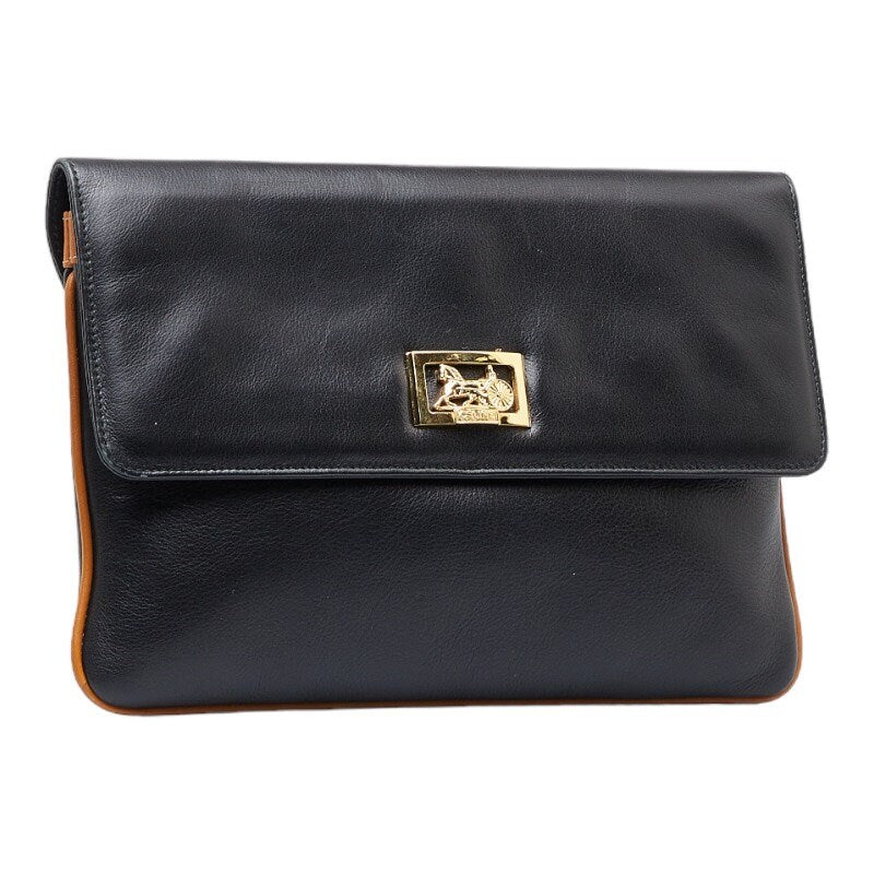 CELINE VINTAGE 100% Authentic Genuine, Carriage Fitting Leather Clutch Bag, Black, 1990's, Great Condition, Grade AB
