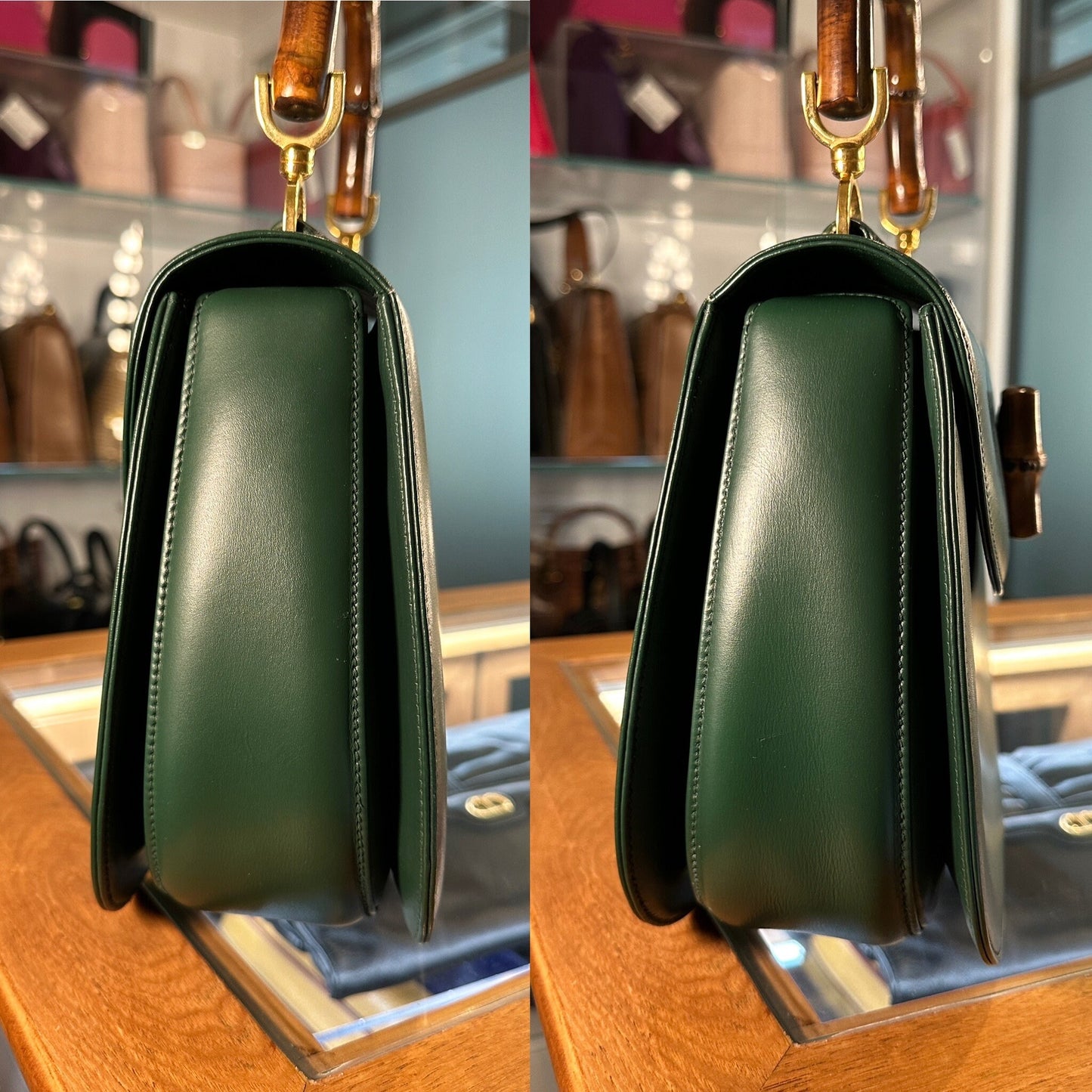 GUCCI VINTAGE 100% Authentic Genuine,1947 Bamboo Top Hand Bag, Large Size, Green,1990's, Great Condition, Very Rare, Grade A