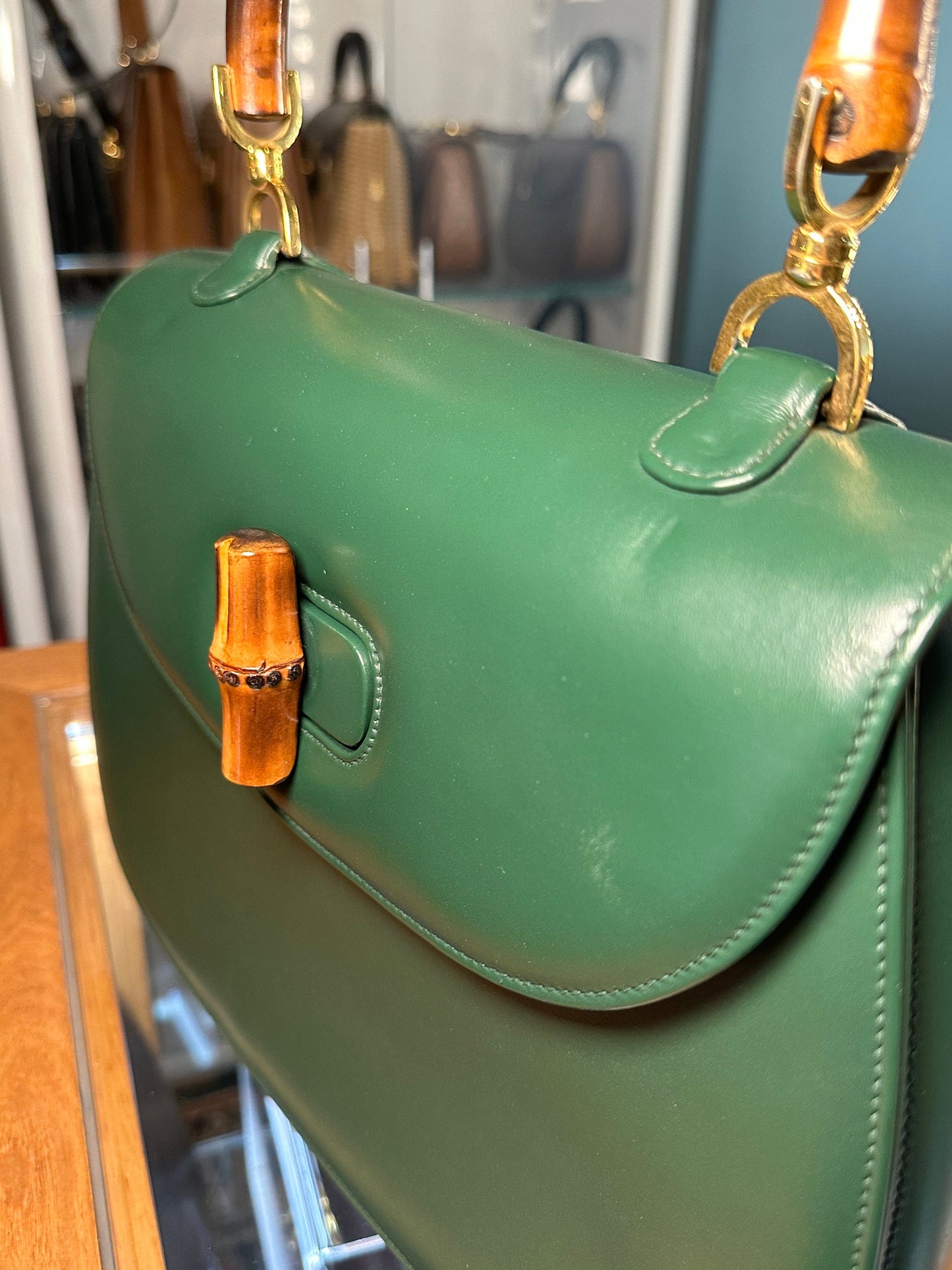 GUCCI VINTAGE 100% Authentic Genuine,1947 Bamboo Top Hand Bag, Large Size, Green,1990's, Great Condition, Very Rare, Grade A