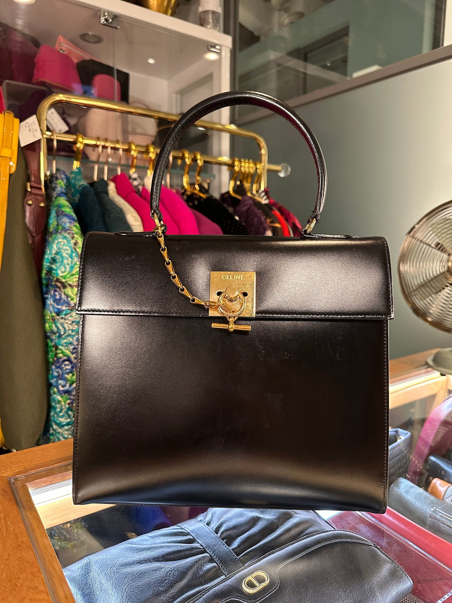 CELINE VINTAGE 100% Authentic Genuine Top Handle Hand Bag, Black, 1990's, Good Condition