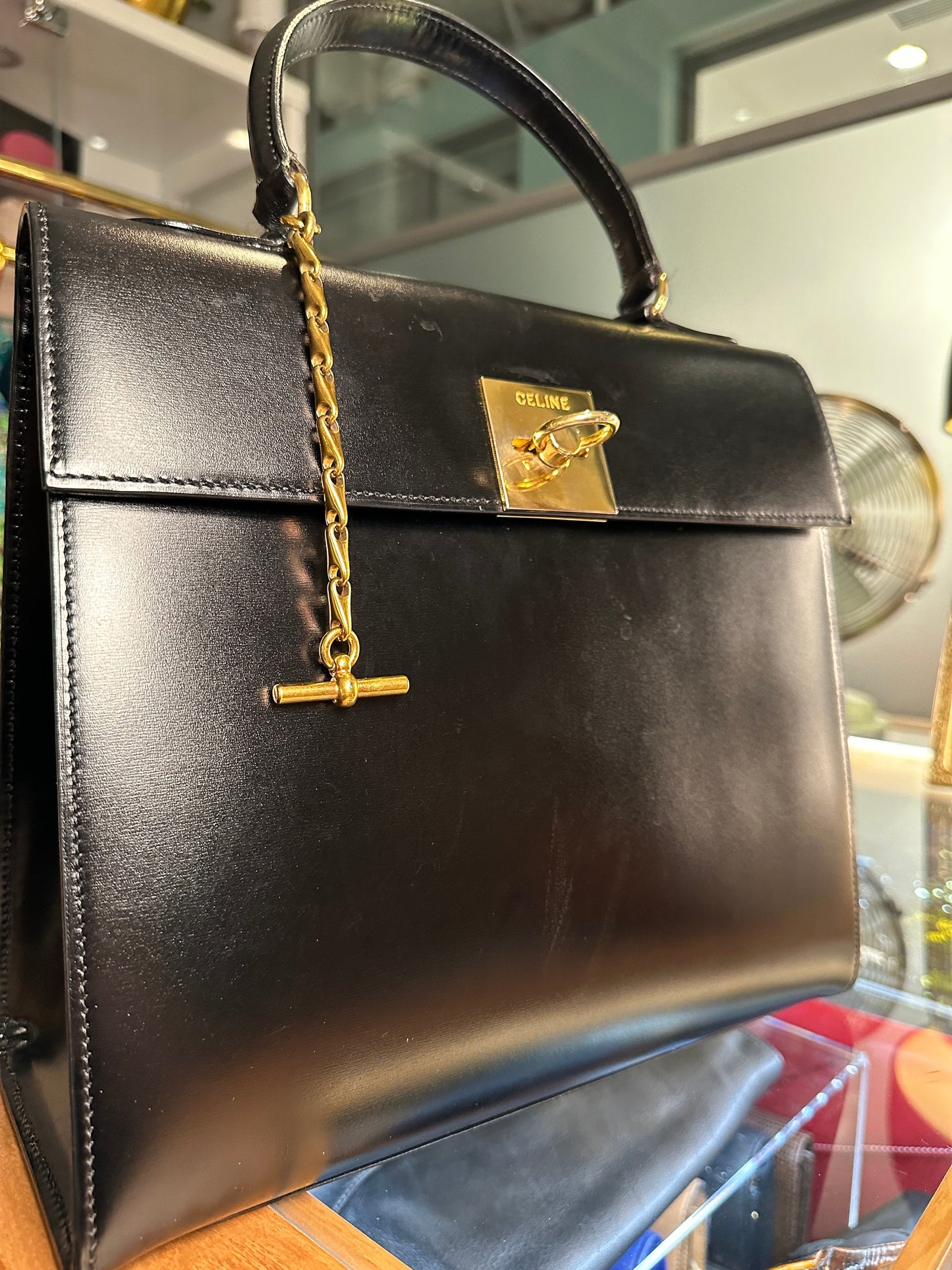 CELINE VINTAGE 100% Authentic Genuine Top Handle Hand Bag, Black, 1990's, Good Condition