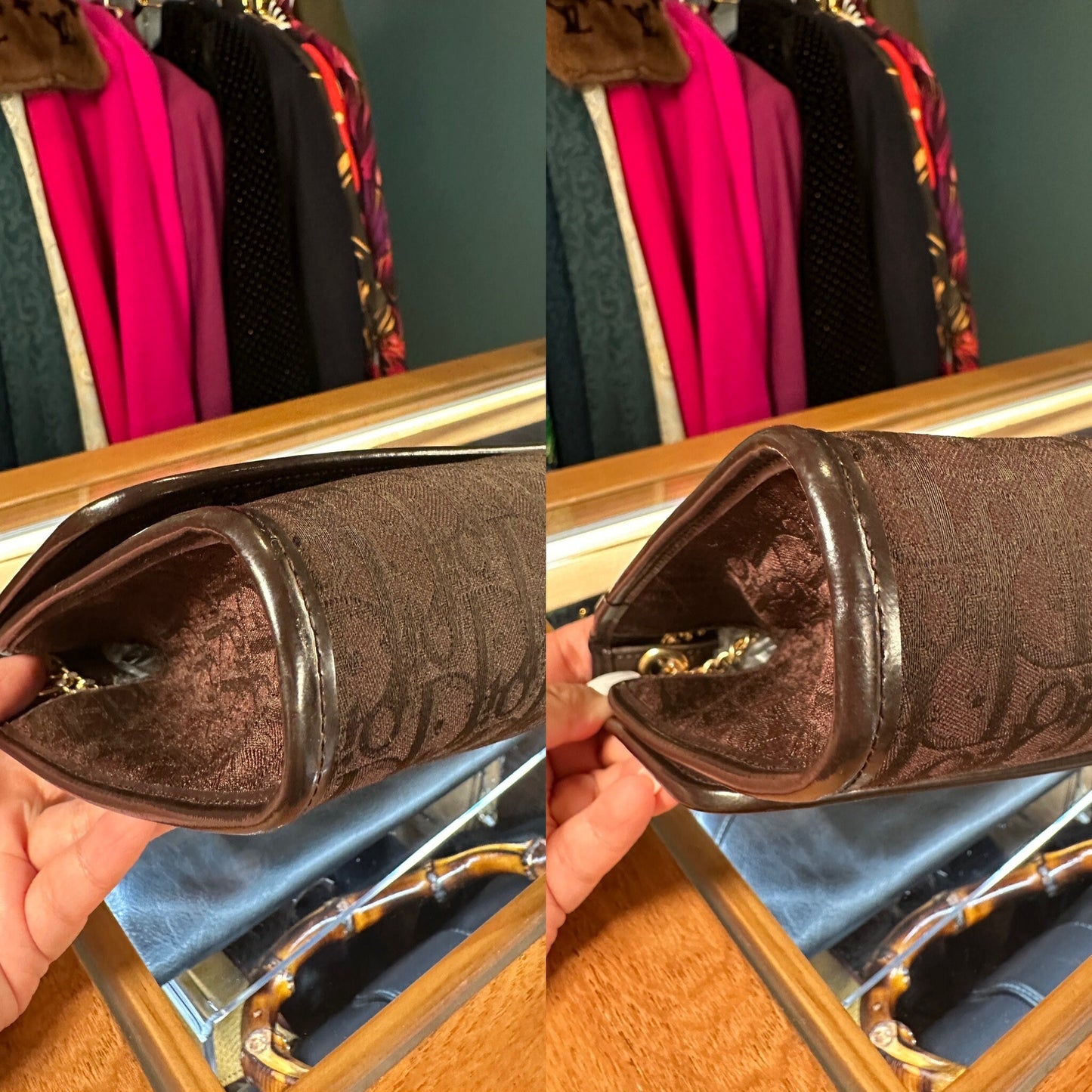 Christian DIOR VINTAGE 100% Authentic Genuine, Canvas Monogram Two Way Golden Chain Hand Bag / Clutch, Dark Brown, 1980's, Good Condition