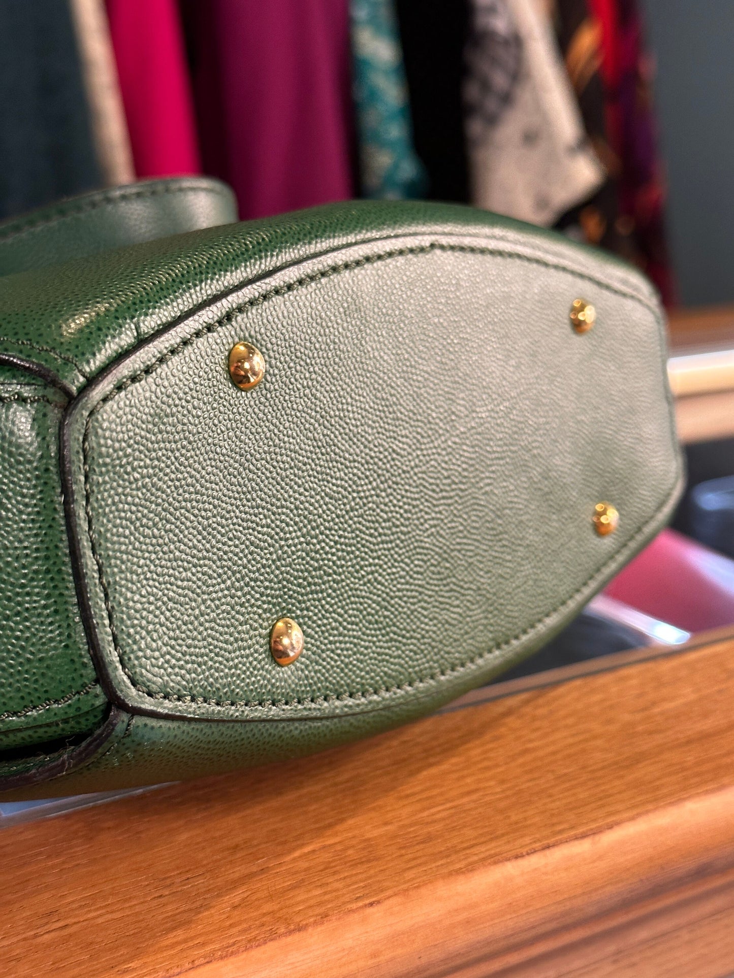 CELINE VINTAGE 100% Authentic Genuine, Leather Double Strap Shoulder Bag, Green, late 90's, Great Condition
