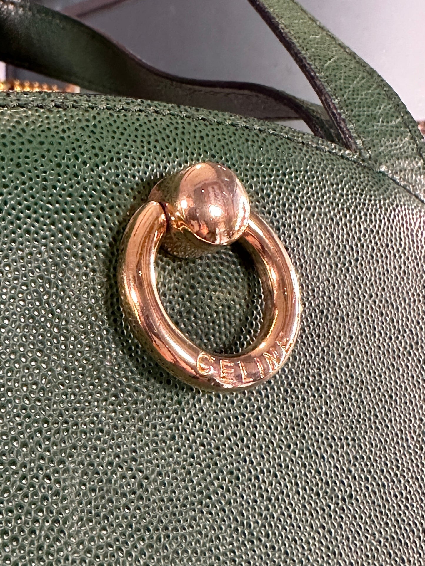 CELINE VINTAGE 100% Authentic Genuine, Leather Double Strap Shoulder Bag, Green, late 90's, Great Condition