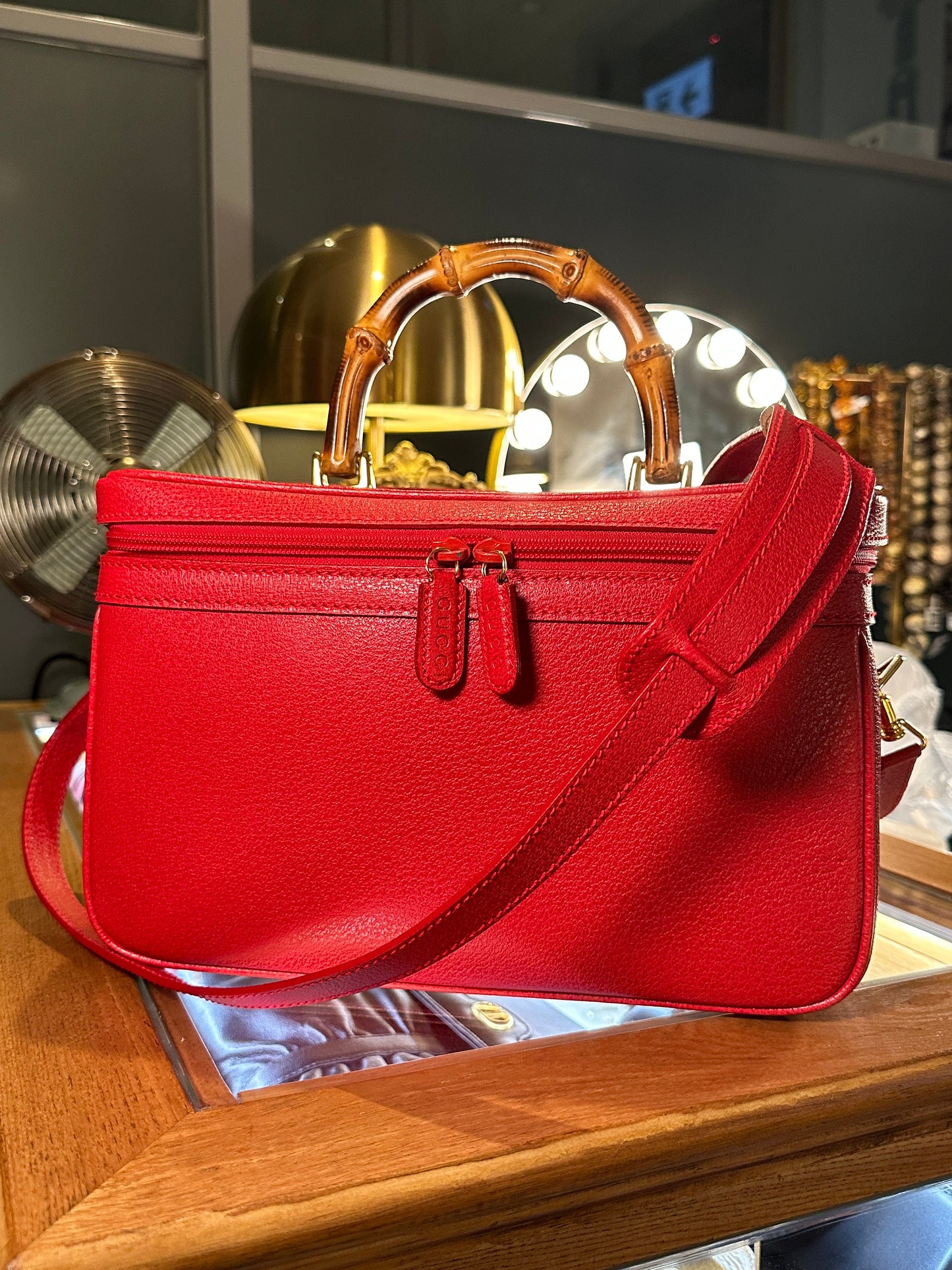 GUCCI VINTAGE 100% Authentic Genuine Leather Bamboo Crossbody Makeup Vanity Case Bag, Red, 1990's, Great Condition, Dust Bag Included