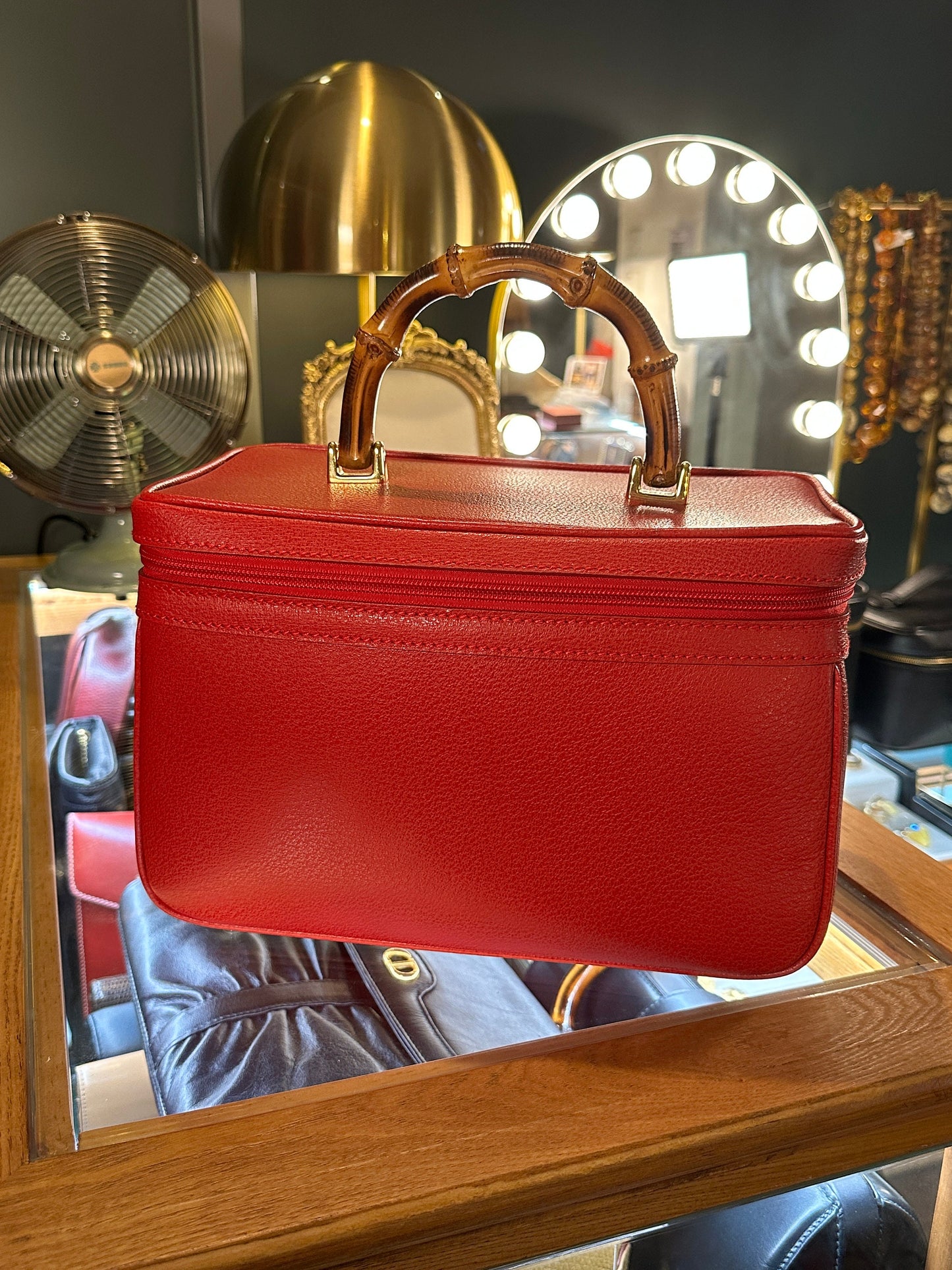 GUCCI VINTAGE 100% Authentic Genuine Leather Bamboo Crossbody Makeup Vanity Case Bag, Red, 1990's, Great Condition, Dust Bag Included