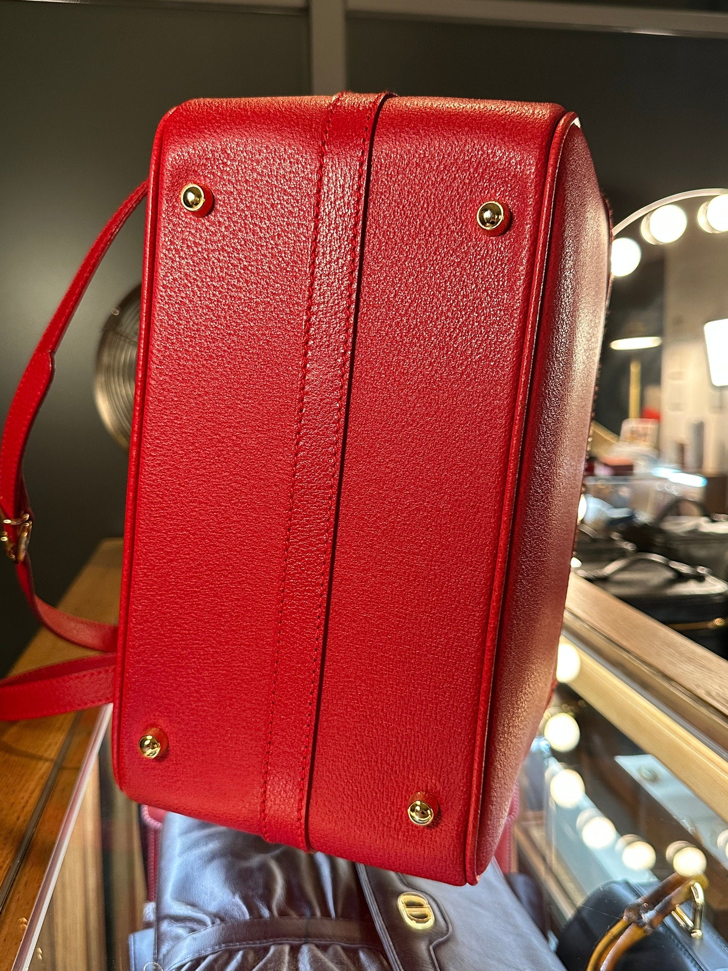 GUCCI VINTAGE 100% Authentic Genuine Leather Bamboo Crossbody Makeup Vanity Case Bag, Red, 1990's, Great Condition, Dust Bag Included