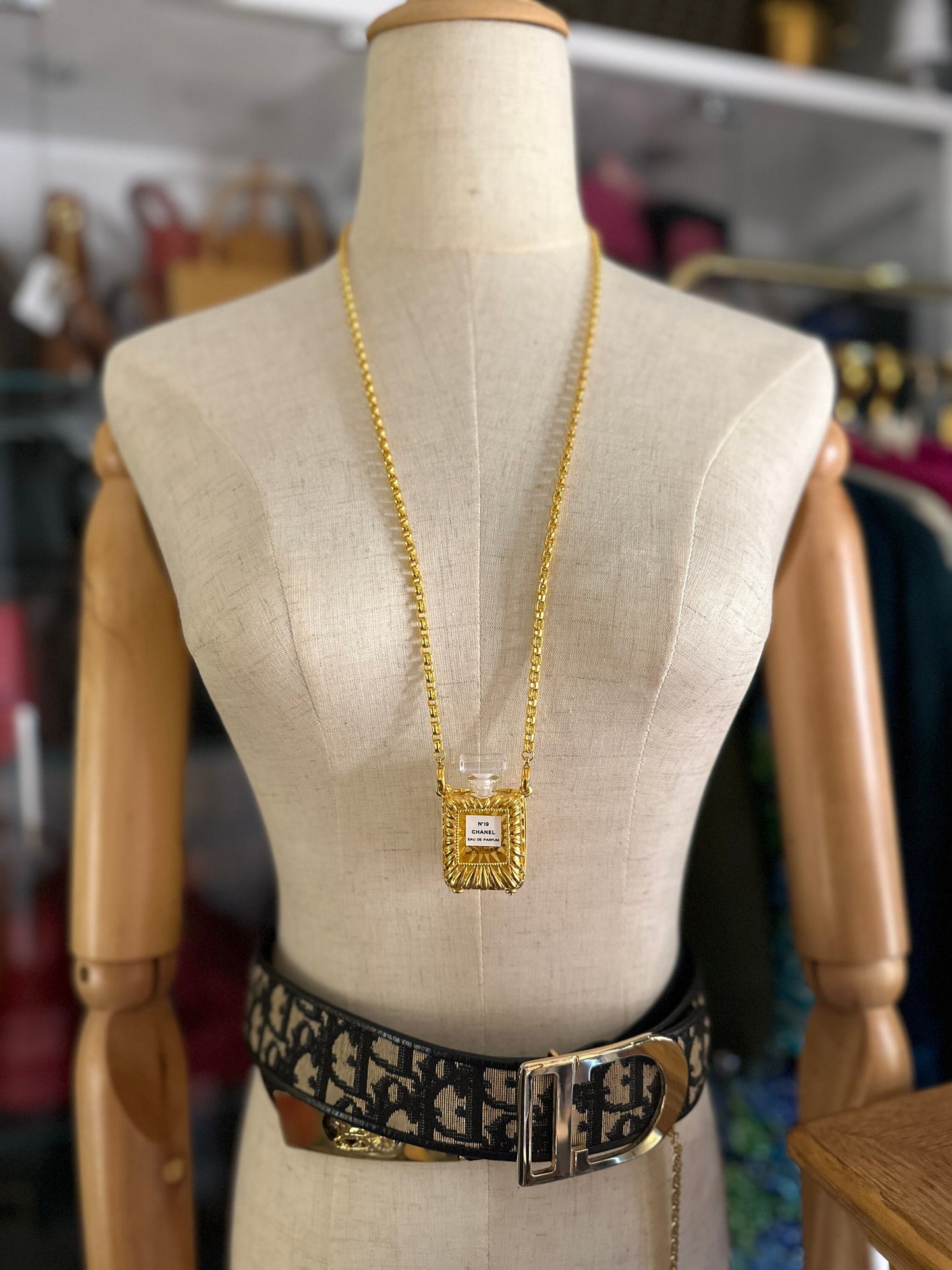 CHANEL VINTAGE 100% Authentic Genuine No. 19 Perfume Charm Double-sided Necklace in Gold Plated, 1990's, Great Condition, Grade AB