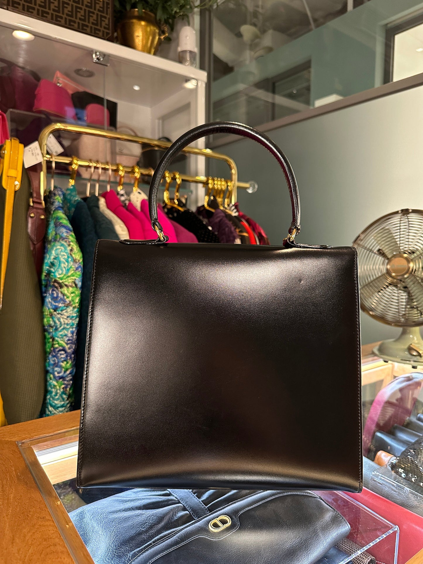 CELINE VINTAGE 100% Authentic Genuine Top Handle Hand Bag, Black, 1990's, Good Condition