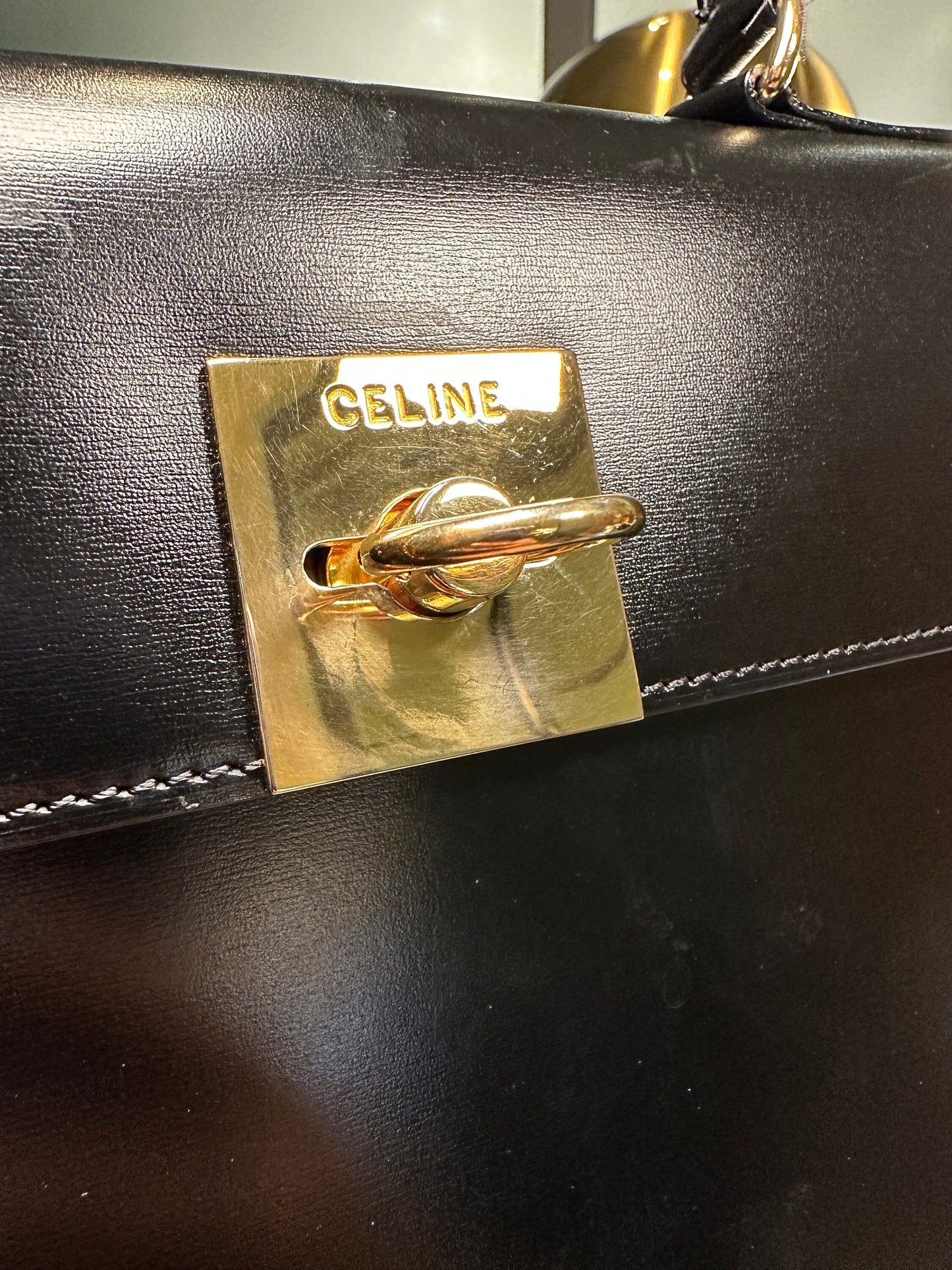CELINE VINTAGE 100% Authentic Genuine Top Handle Hand Bag, Black, 1990's, Good Condition