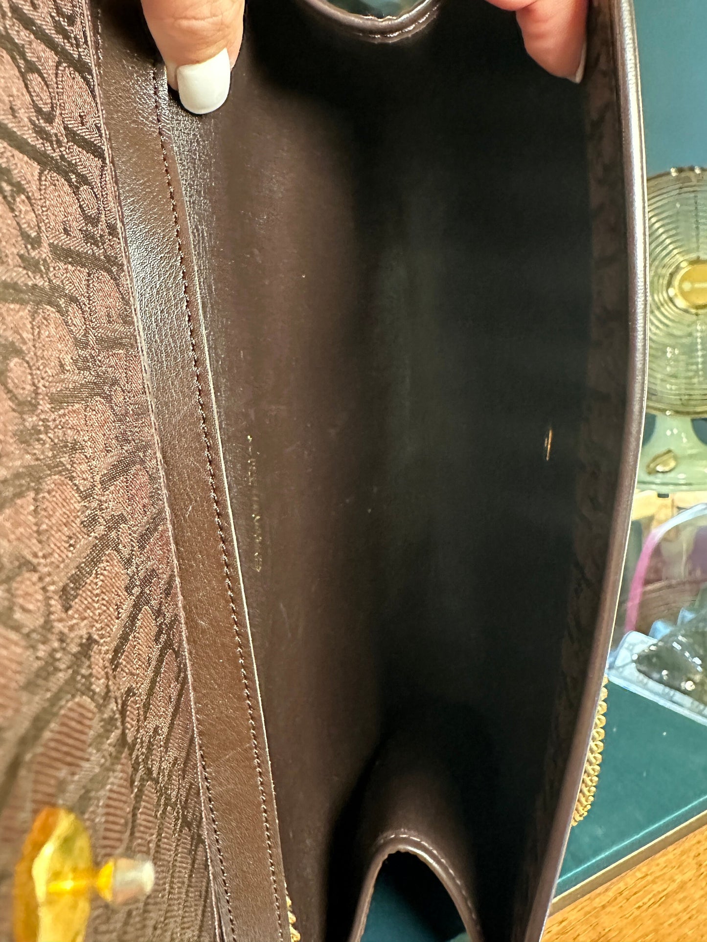 Christian DIOR VINTAGE 100% Authentic Genuine, Canvas Monogram Two Way Golden Chain Hand Bag / Clutch, Dark Brown, 1980's, Good Condition