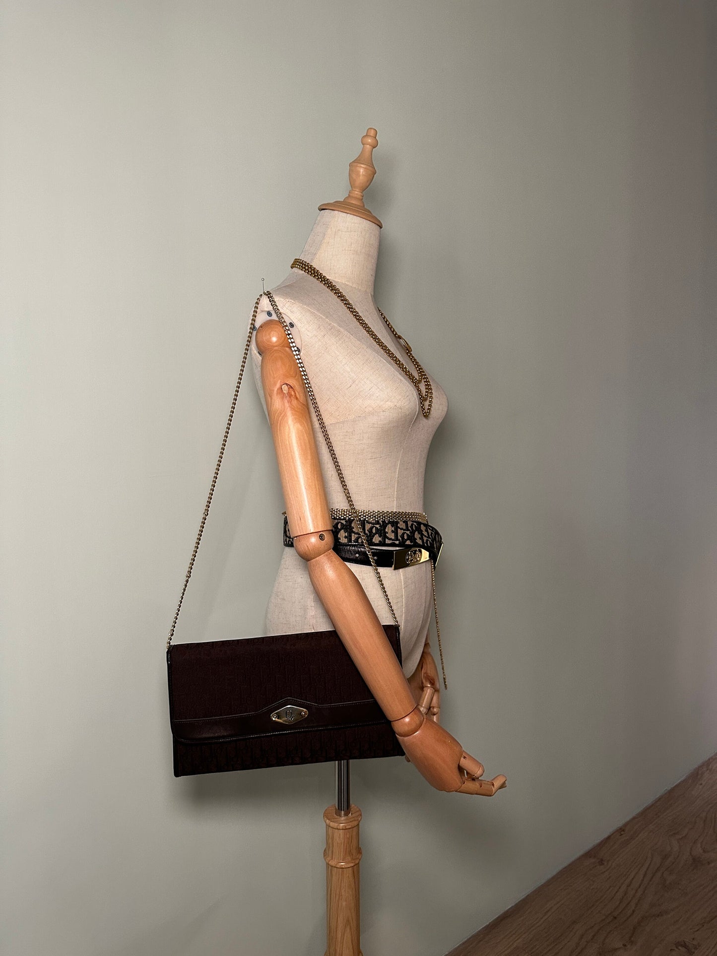 Christian DIOR VINTAGE 100% Authentic Genuine, Canvas Monogram Two Way Golden Chain Hand Bag / Clutch, Dark Brown, 1980's, Good Condition