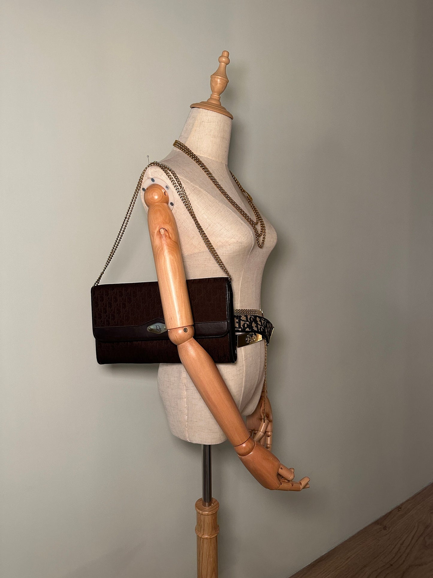 Christian DIOR VINTAGE 100% Authentic Genuine, Canvas Monogram Two Way Golden Chain Hand Bag / Clutch, Dark Brown, 1980's, Good Condition