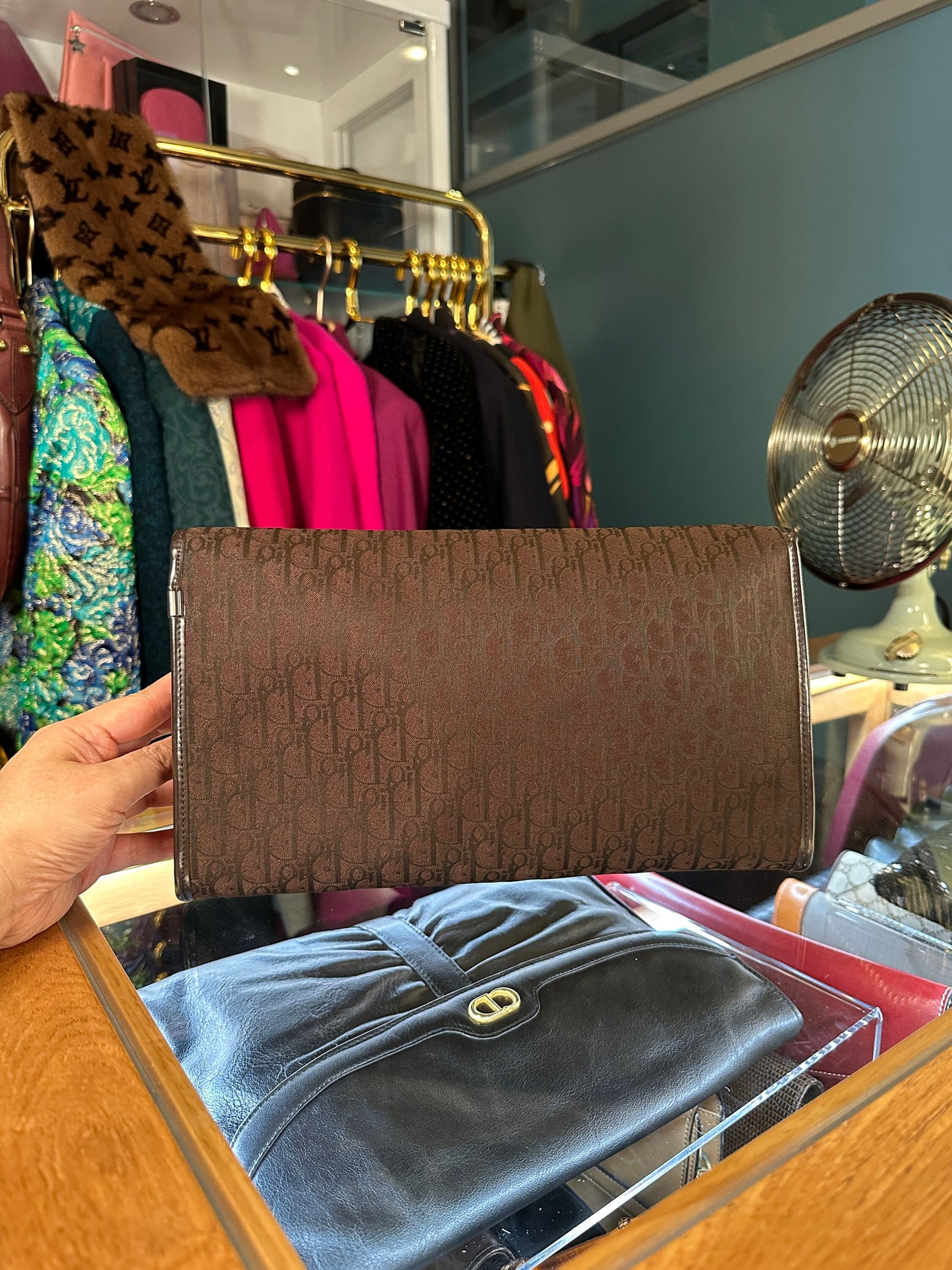 Christian DIOR VINTAGE 100% Authentic Genuine, Canvas Monogram Two Way Golden Chain Hand Bag / Clutch, Dark Brown, 1980's, Good Condition