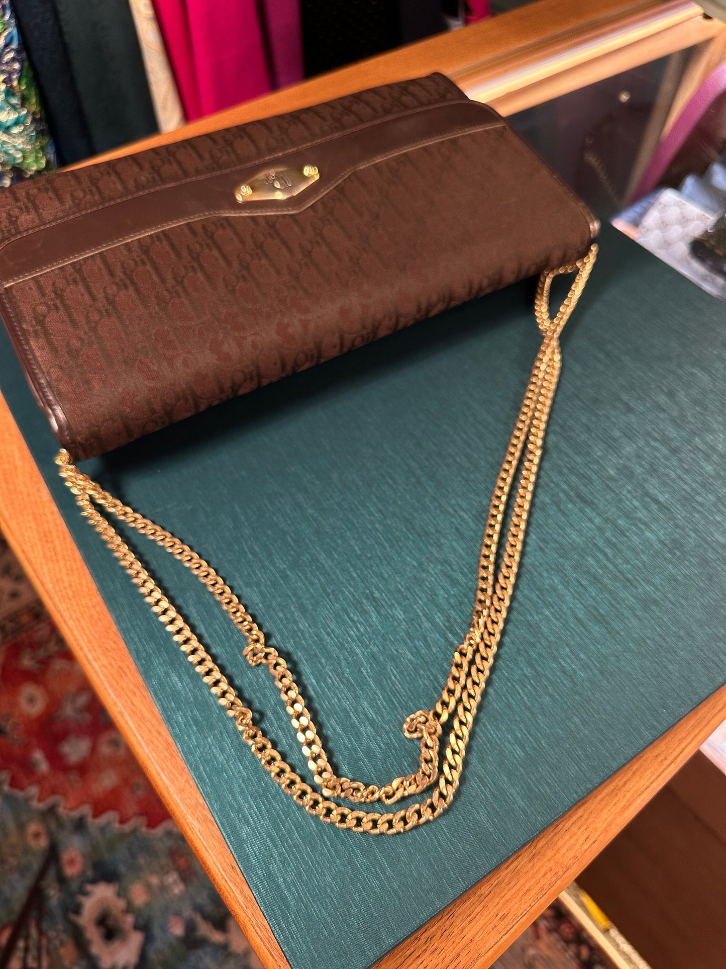 Christian DIOR VINTAGE 100% Authentic Genuine, Canvas Monogram Two Way Golden Chain Hand Bag / Clutch, Dark Brown, 1980's, Good Condition