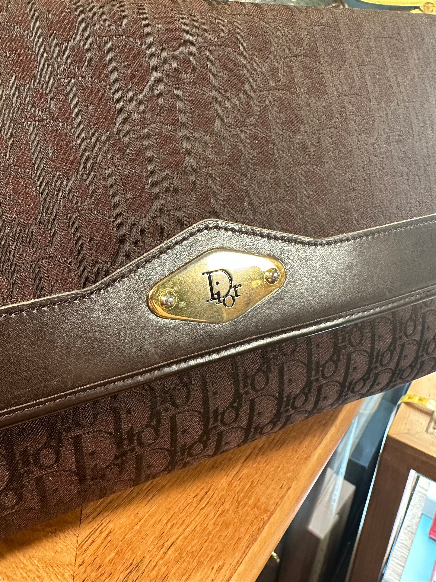Christian DIOR VINTAGE 100% Authentic Genuine, Canvas Monogram Two Way Golden Chain Hand Bag / Clutch, Dark Brown, 1980's, Good Condition
