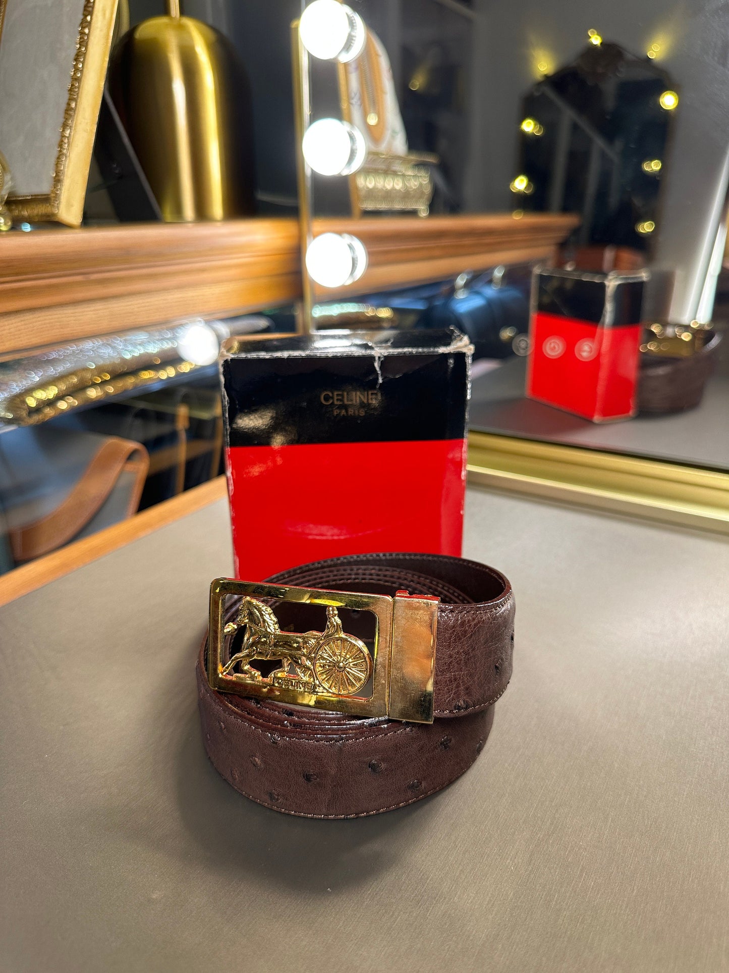 CELINE VINTAGE, 100% Authentic Genuine Ostrich Leather Carriage Buckle Waist Belt, Brown, Great Condition with Original Box, Made In Italy