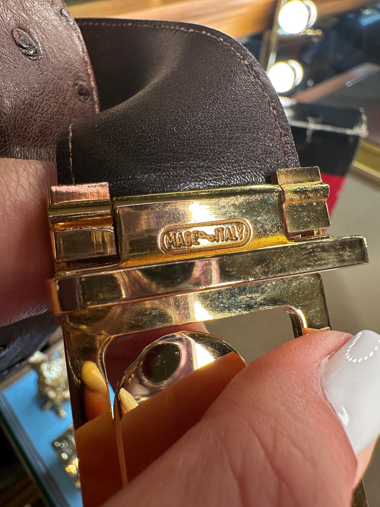CELINE VINTAGE, 100% Authentic Genuine Ostrich Leather Carriage Buckle Waist Belt, Brown, Great Condition with Original Box, Made In Italy