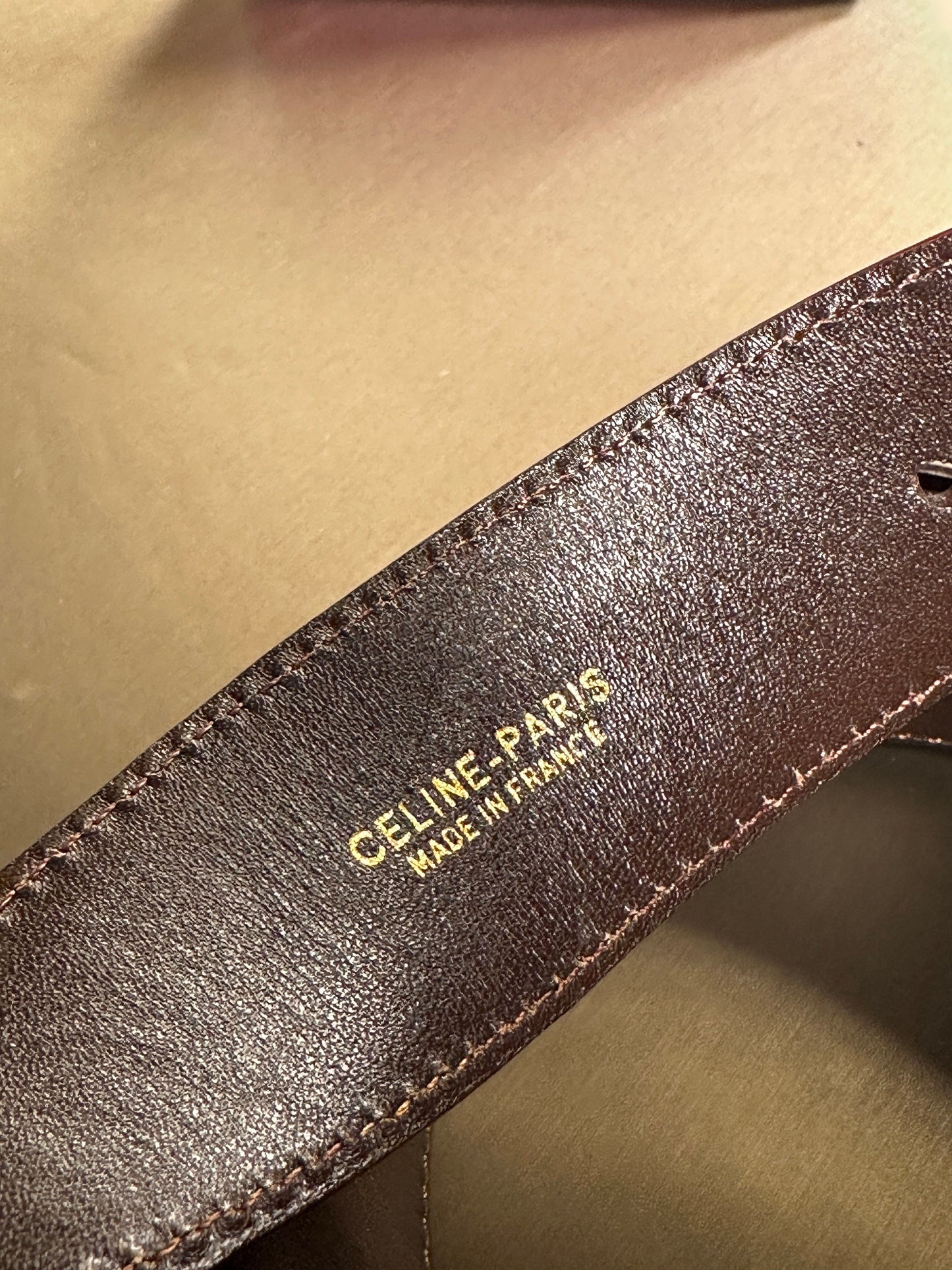CELINE VINTAGE, 100% Authentic Genuine Ostrich Leather Carriage Buckle Waist Belt, Brown, Great Condition with Original Box, Made In Italy
