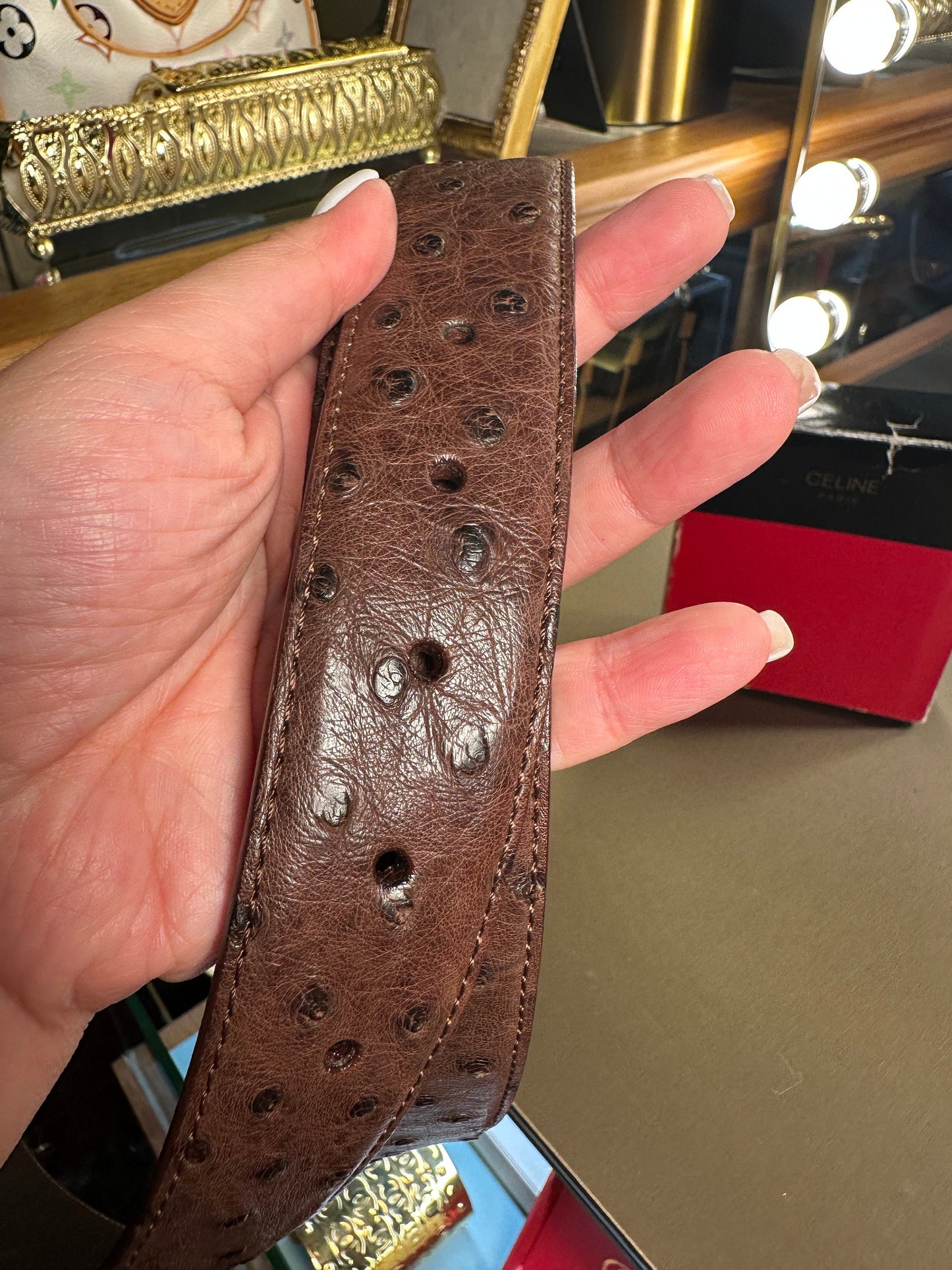 CELINE VINTAGE, 100% Authentic Genuine Ostrich Leather Carriage Buckle Waist Belt, Brown, Great Condition with Original Box, Made In Italy