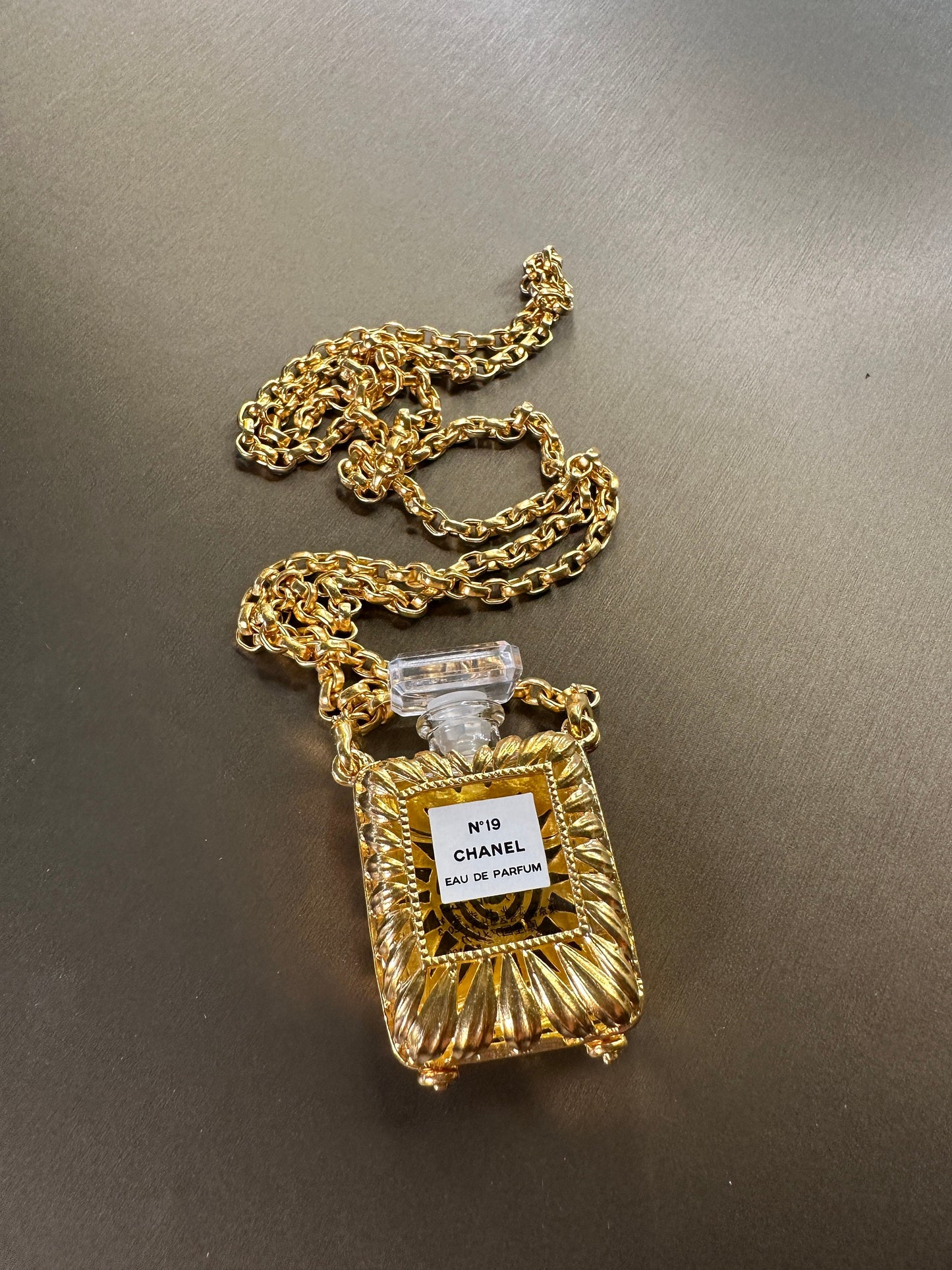 CHANEL VINTAGE 100% Authentic Genuine No. 19 Perfume Charm Double-sided Necklace in Gold Plated, 1990's, Great Condition, Grade AB