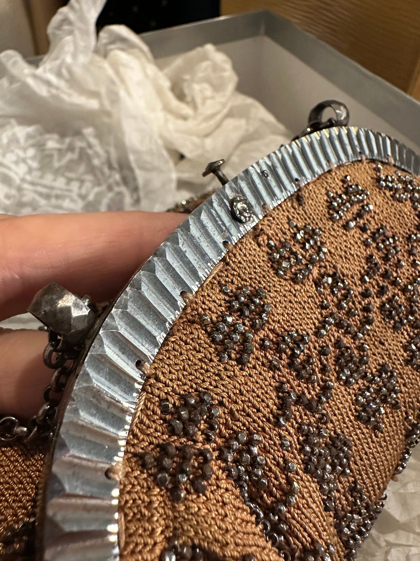 European 1920's Antique Knitted Handbag with Intricate Beading, Real Silk Lining, Great Condition, Rare