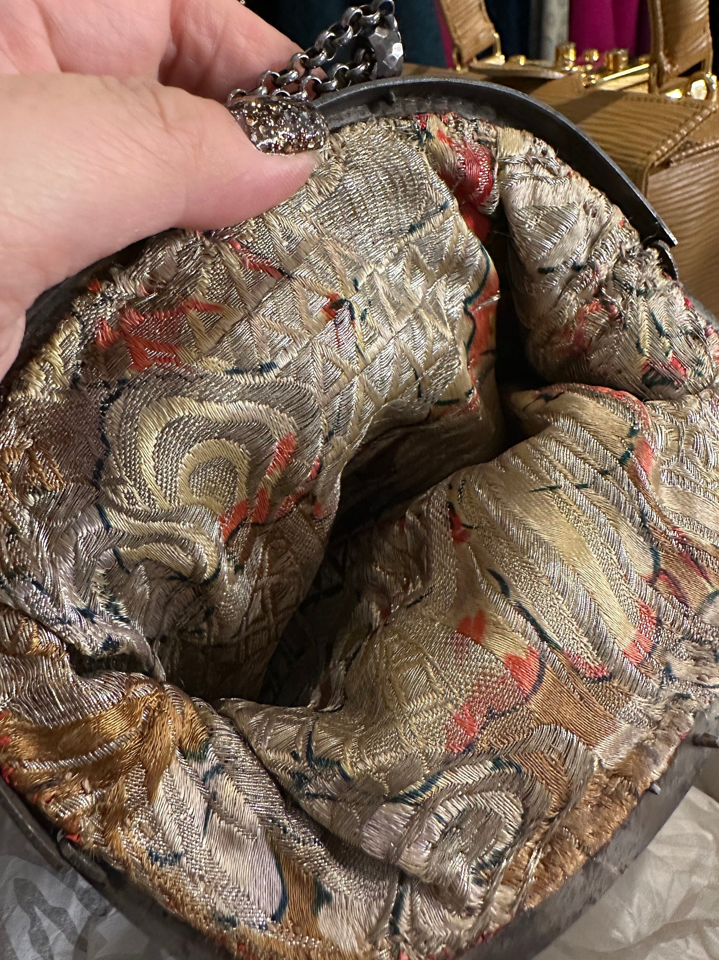 European 1920's Antique Knitted Handbag with Intricate Beading, Real Silk Lining, Great Condition, Rare