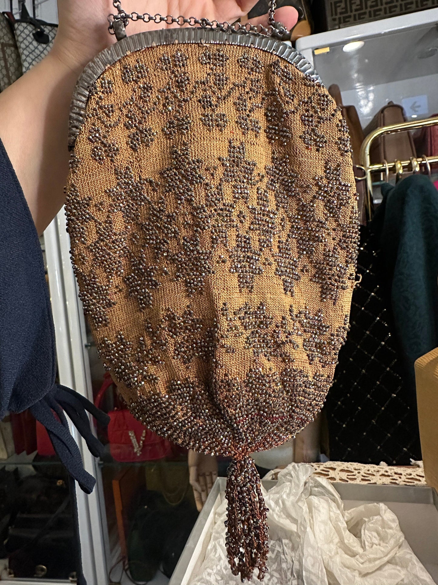European 1920's Antique Knitted Handbag with Intricate Beading, Real Silk Lining, Great Condition, Rare