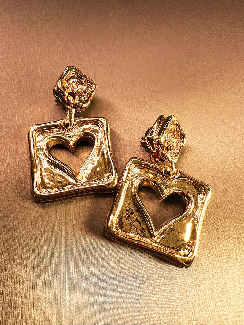 CHRISTIAN LACROIX VINTAGE 100% Authentic Genuine, Clip On Square Gold Earrings With Hollow Heart Shape, 1990's, Great Condition