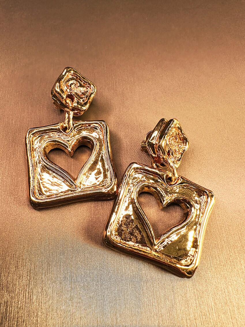 CHRISTIAN LACROIX VINTAGE 100% Authentic Genuine, Clip On Square Gold Earrings With Hollow Heart Shape, 1990's, Great Condition
