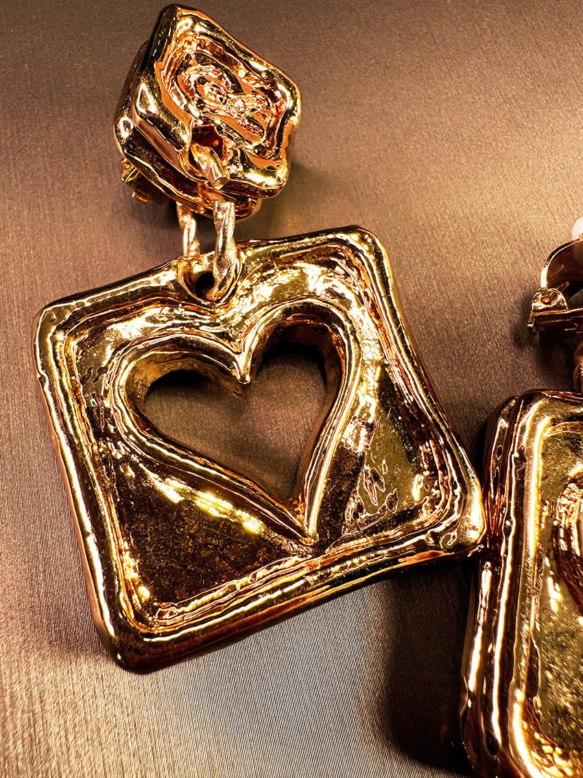 CHRISTIAN LACROIX VINTAGE 100% Authentic Genuine, Clip On Square Gold Earrings With Hollow Heart Shape, 1990's, Great Condition