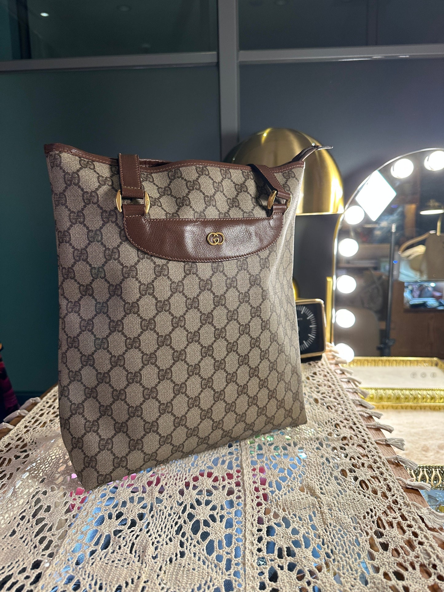 GUCCI VINTAGE 100% Authentic Genuine GG Plus Document Size Shopping Tote Hand Bag, 1990's, Used Condition