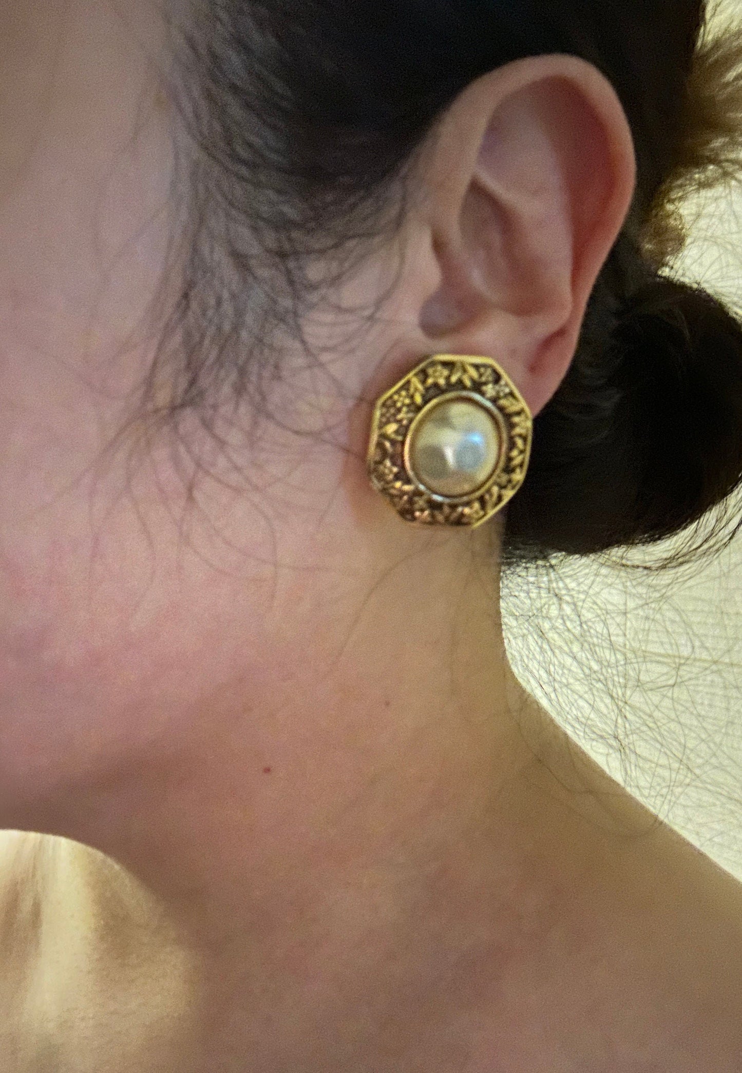 CHANEL VINTAGE 100% Genuine, Faux Pearl Clip On Logo Earrings in Gold, 1990's, Made In France