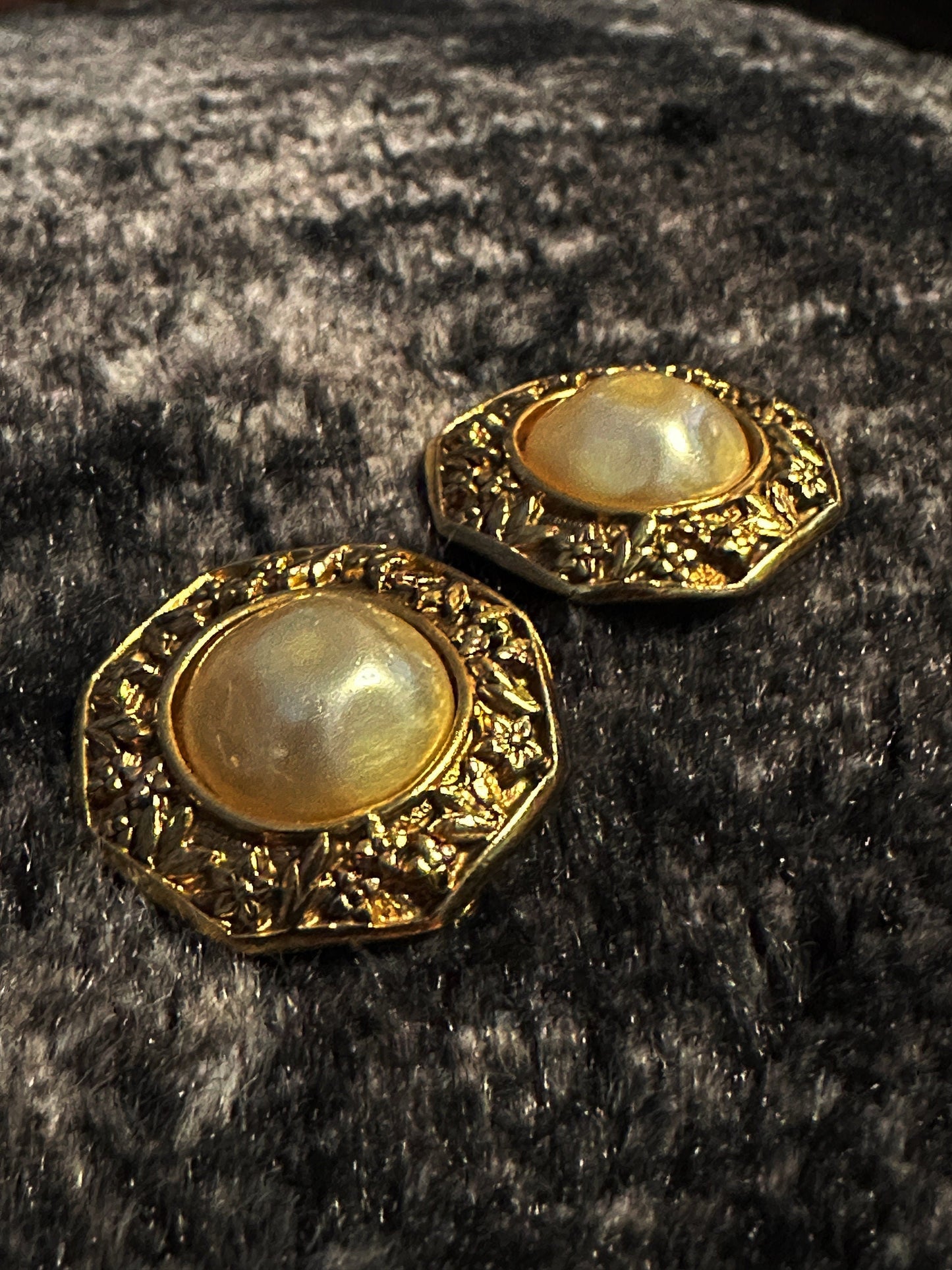 CHANEL VINTAGE 100% Genuine, Faux Pearl Clip On Logo Earrings in Gold, 1990's, Made In France
