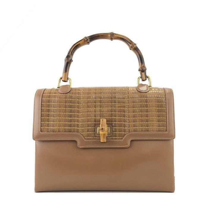 Extremely Rare GUCCI VINTAGE 100% Genuine, Leather Weave, Turn Lock Bamboo Handle Two Way Hand Bag, Caramel Brown, Great Condition, Grade A