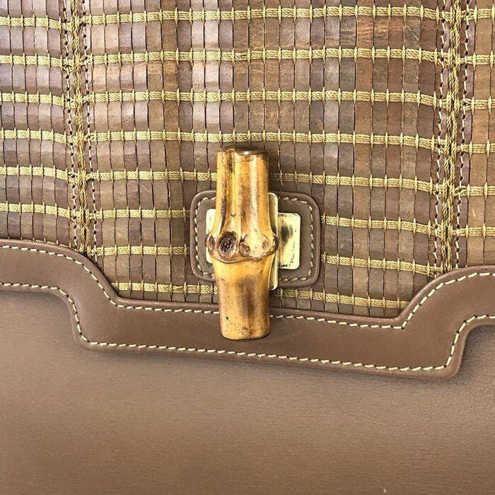 Extremely Rare GUCCI VINTAGE 100% Genuine, Leather Weave, Turn Lock Bamboo Handle Two Way Hand Bag, Caramel Brown, Great Condition, Grade A