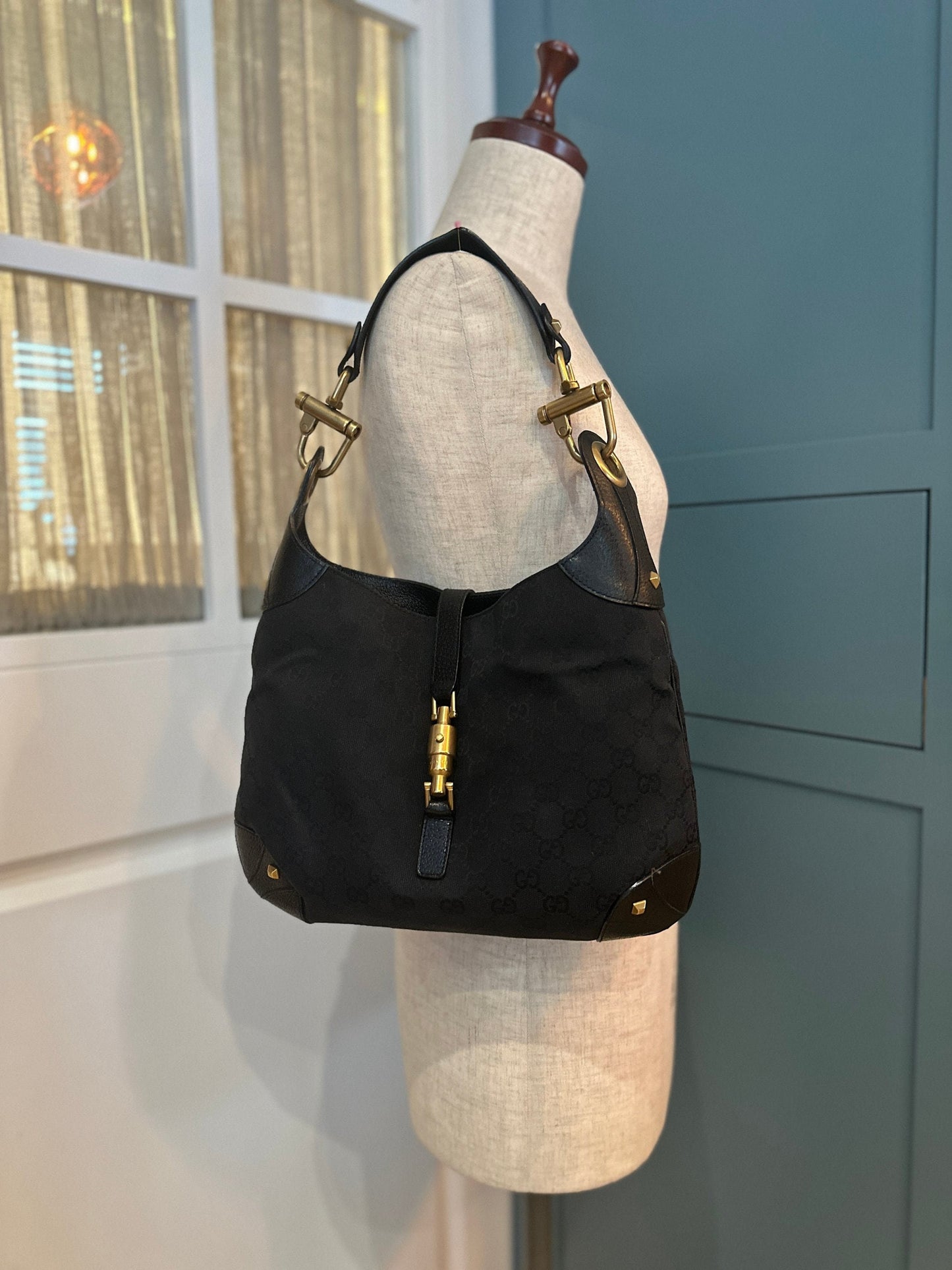 GUCCI VINTAGE 100% Genuine Canvas Monogram Jackie Shoulder Bag, Black, 1990's, Great Condition, Rare, Grade A