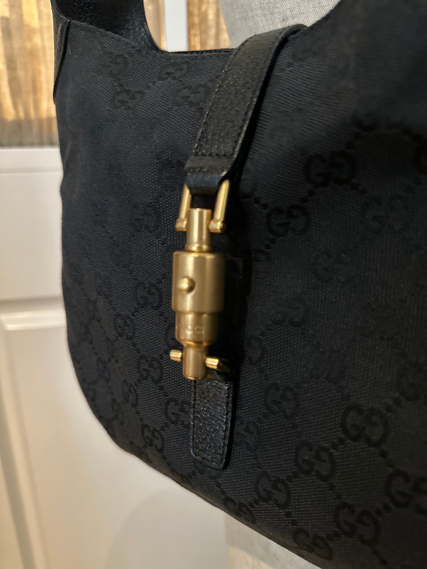 GUCCI VINTAGE 100% Genuine Canvas Monogram Jackie Shoulder Bag, Black, 1990's, Great Condition, Rare, Grade A