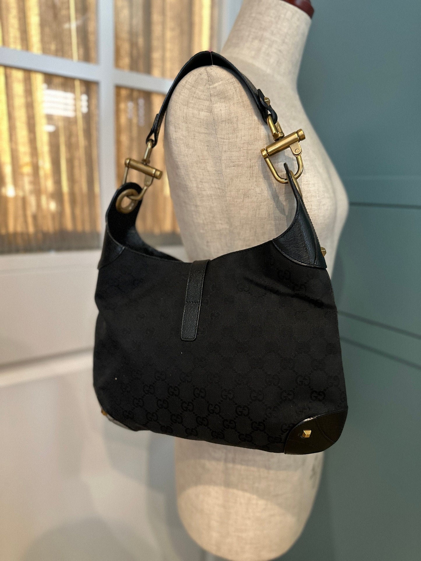 GUCCI VINTAGE 100% Genuine Canvas Monogram Jackie Shoulder Bag, Black, 1990's, Great Condition, Rare, Grade A