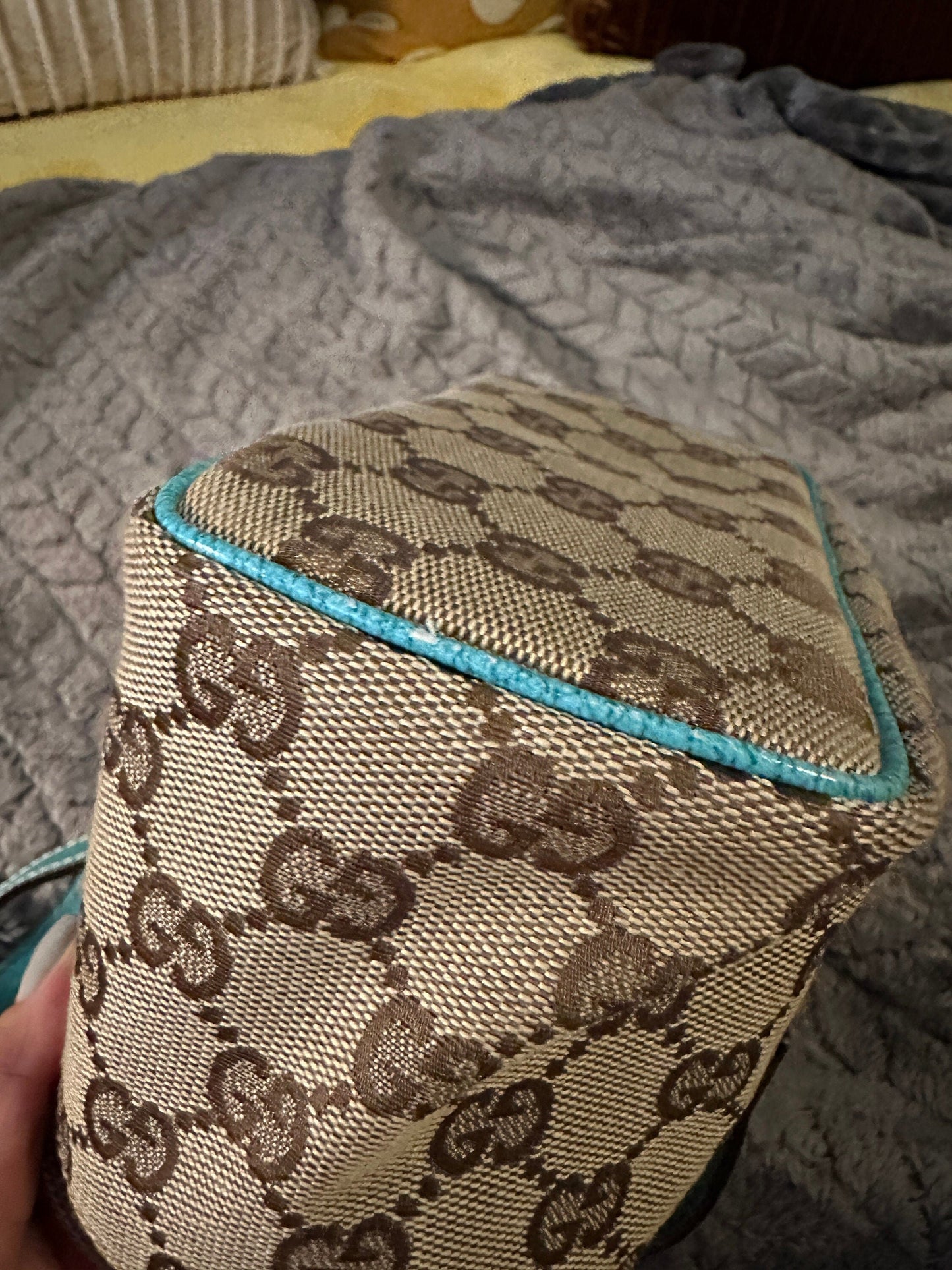 GUCCI VINTAGE 100% Genuine Canvas Monogram Box Shape Vanity Hand Bag, Light Teal, late 90's, Great Condition, Grade B