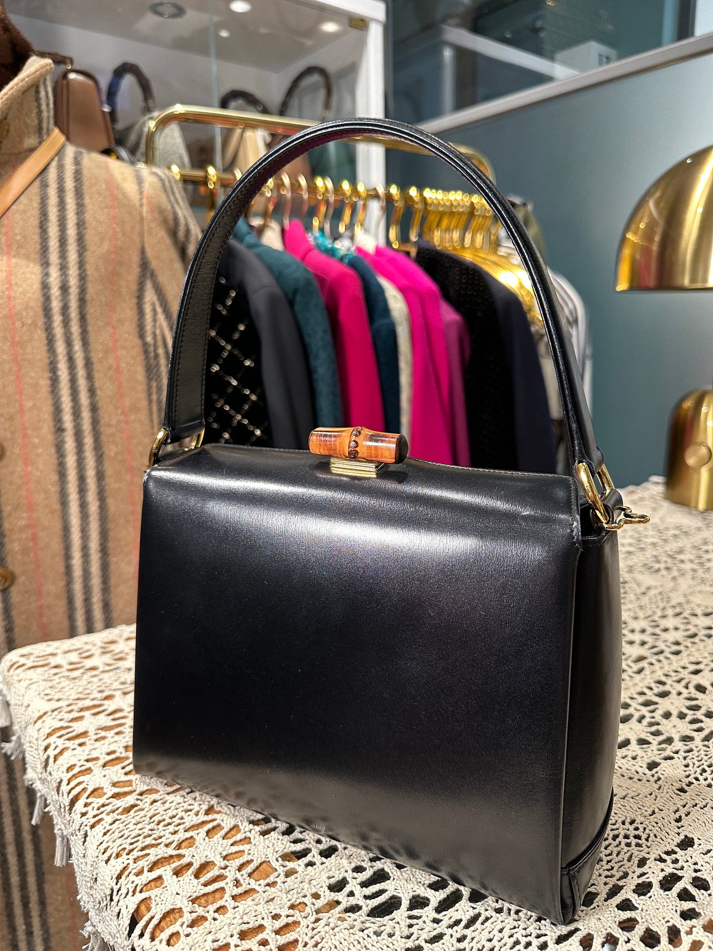 GUCCI VINTAGE 100% Authentic Genuine Leather Bamboo Turn Lock Two-way Shoulder Bag, Black, 1990's, Great Condition, Grade AB
