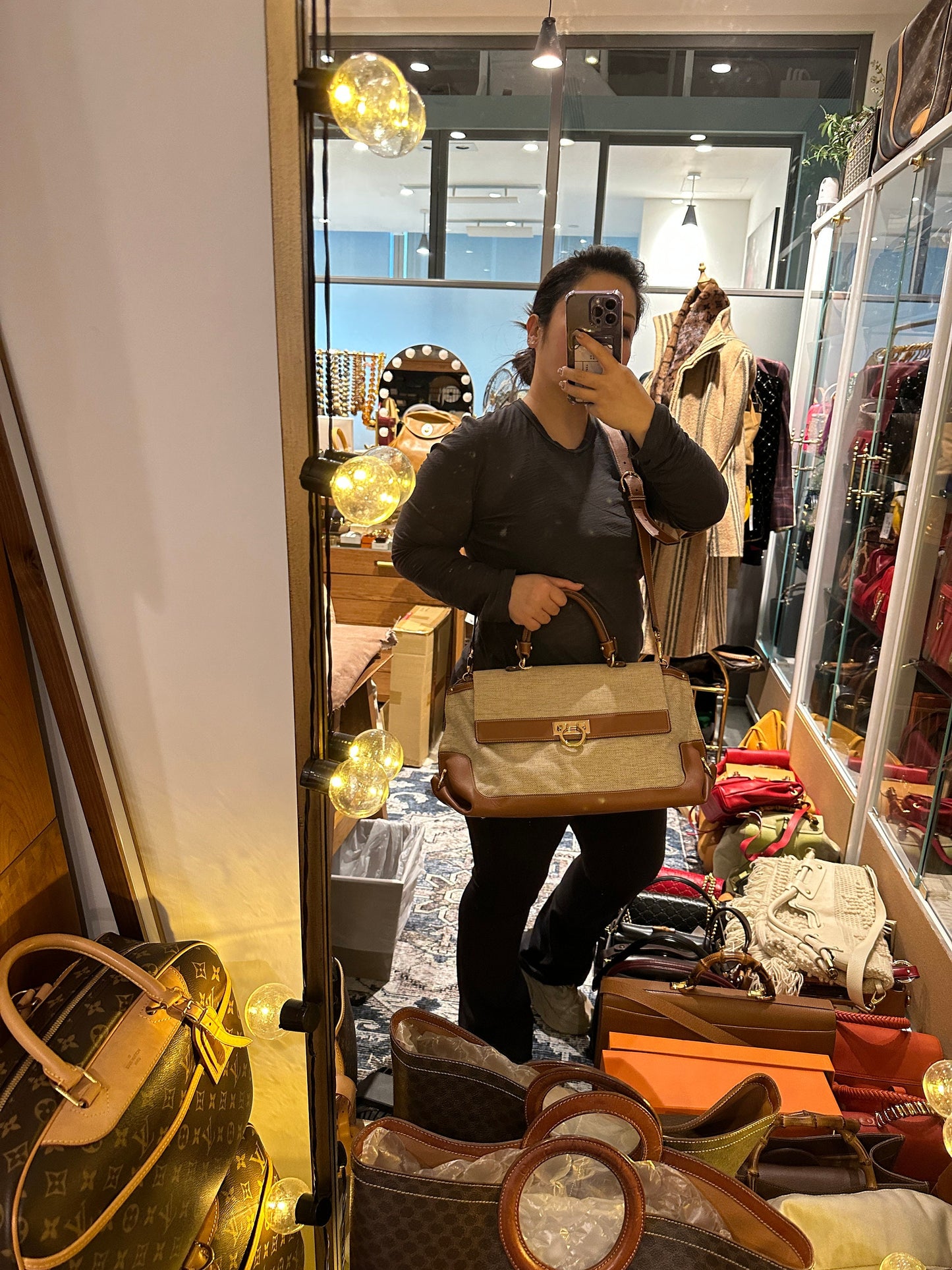 FERRAGAMO VINTAGE 100% Authentic Genuine Large Light Beige Canvas and Tan Leather Two-way Shoulder Bag, 1990's, Great Condition