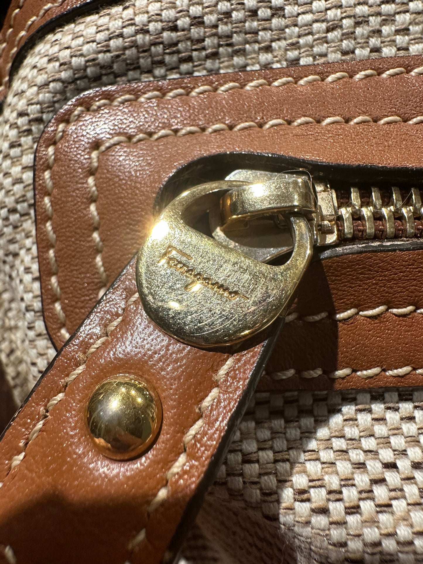 FERRAGAMO VINTAGE 100% Authentic Genuine Large Light Beige Canvas and Tan Leather Two-way Shoulder Bag, 1990's, Great Condition