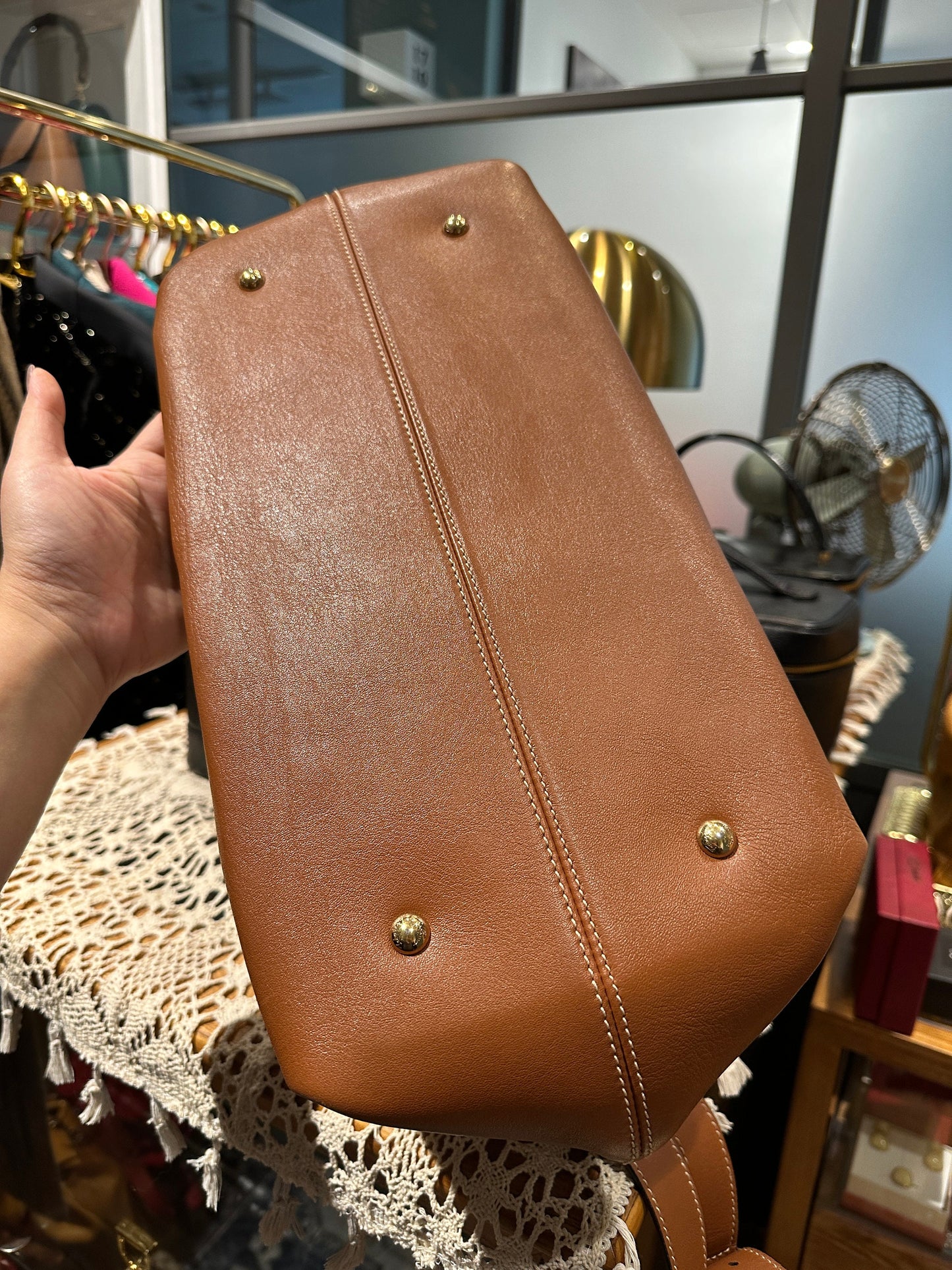 FERRAGAMO VINTAGE 100% Authentic Genuine Large Light Beige Canvas and Tan Leather Two-way Shoulder Bag, 1990's, Great Condition